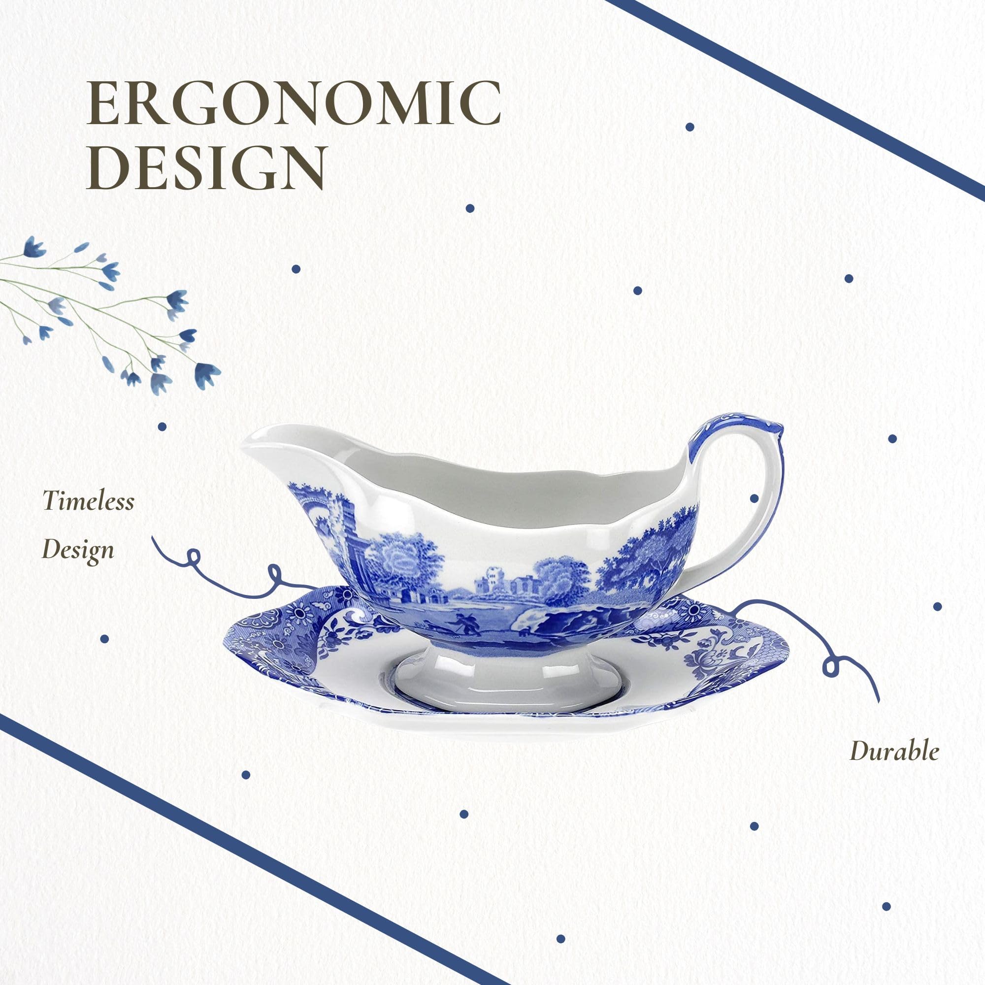 Spode Blue Italian Gravy Boat and Saucer  Spout for Gravy  Sauces  and Salad Dressings  Earthenware  9-Ounce Capacity  Large Handle  Dishwasher Safe
