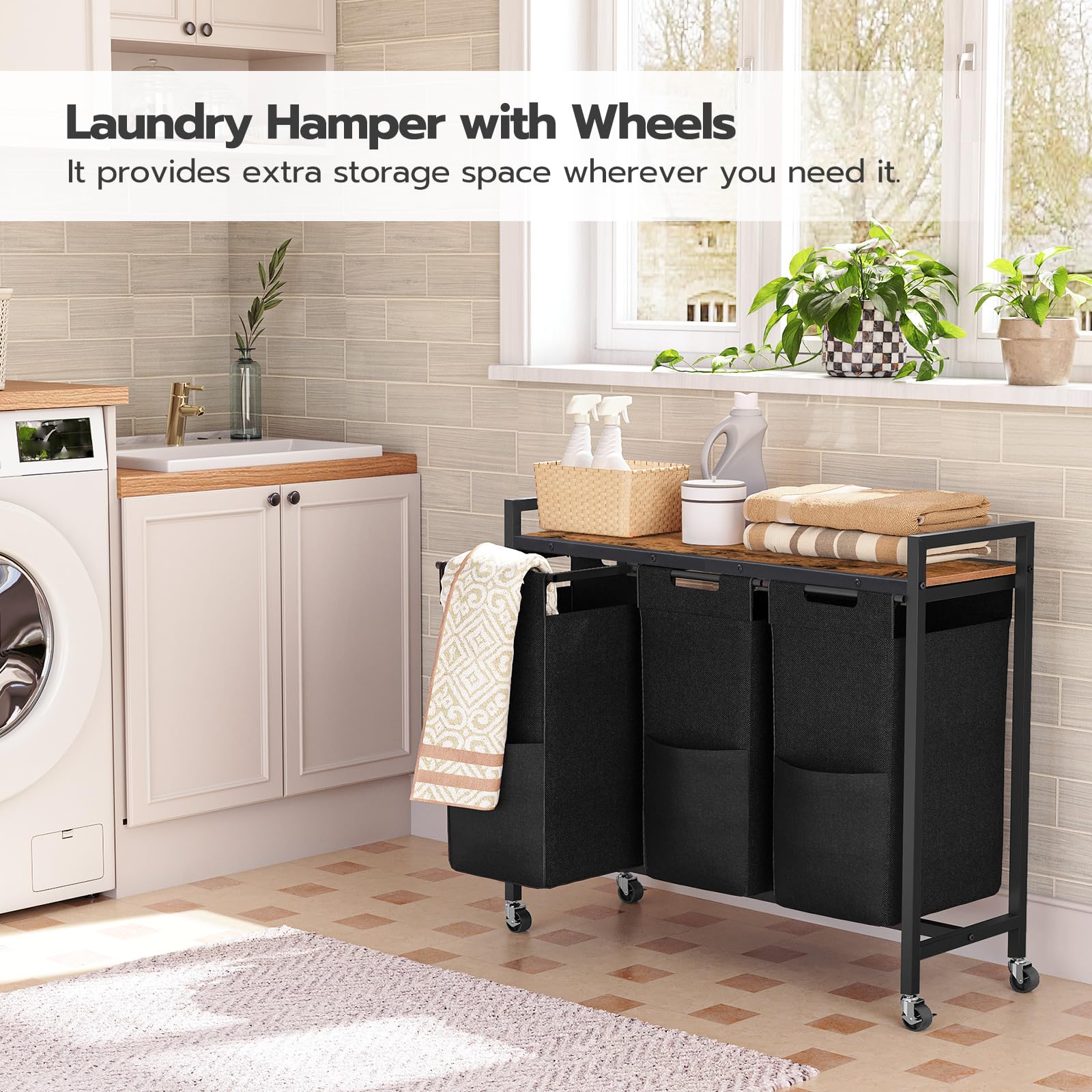Hoobro Laundry Sorter 3 Section, Laundry Hamper With Wheels, 3    11.5 Gal (43.4L), Rolling Laundry Basket, Pull-Out And Removab