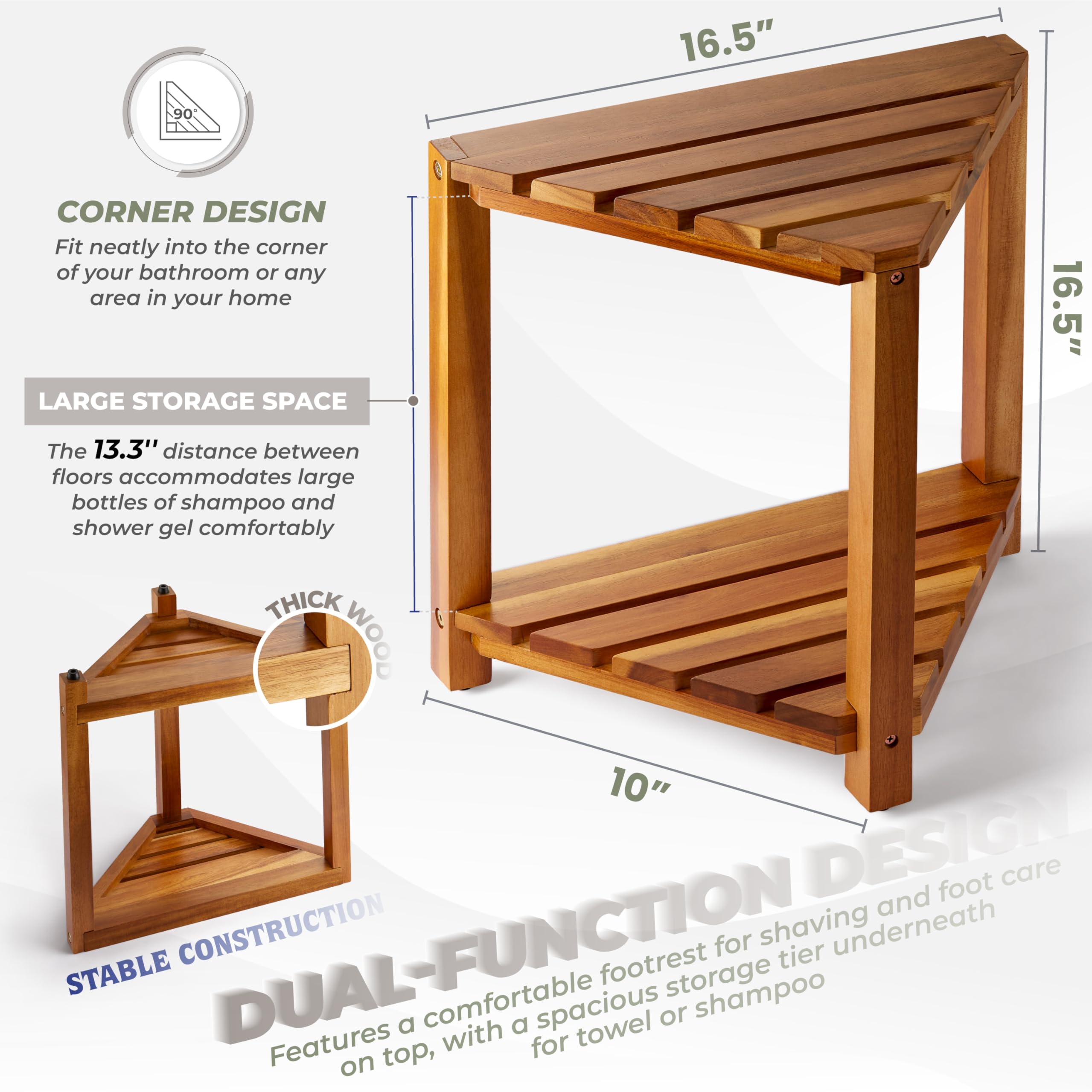 Bluewest Corner Shower Stool, Wooden Corner Shower Bench For Shaving Legs Inside Shower, Waterproof Shower Foot Rest With Storag