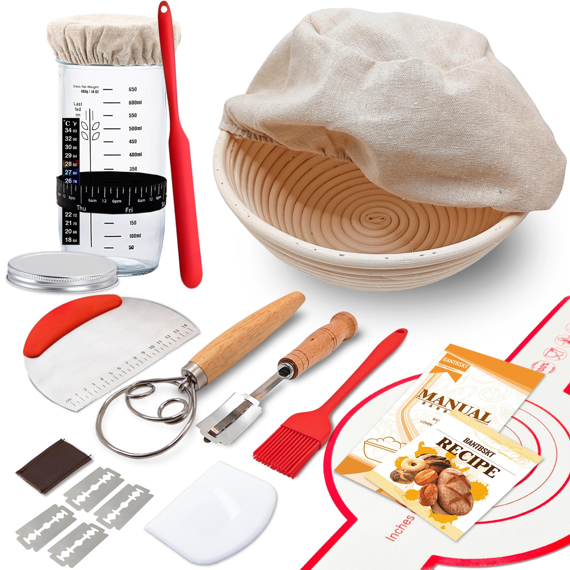 Complete Sourdough Starter Kit, Banneton Bread Proofing Basket with Glass Sourdough Starter Jar, Sourdough Bread Baking Supplies