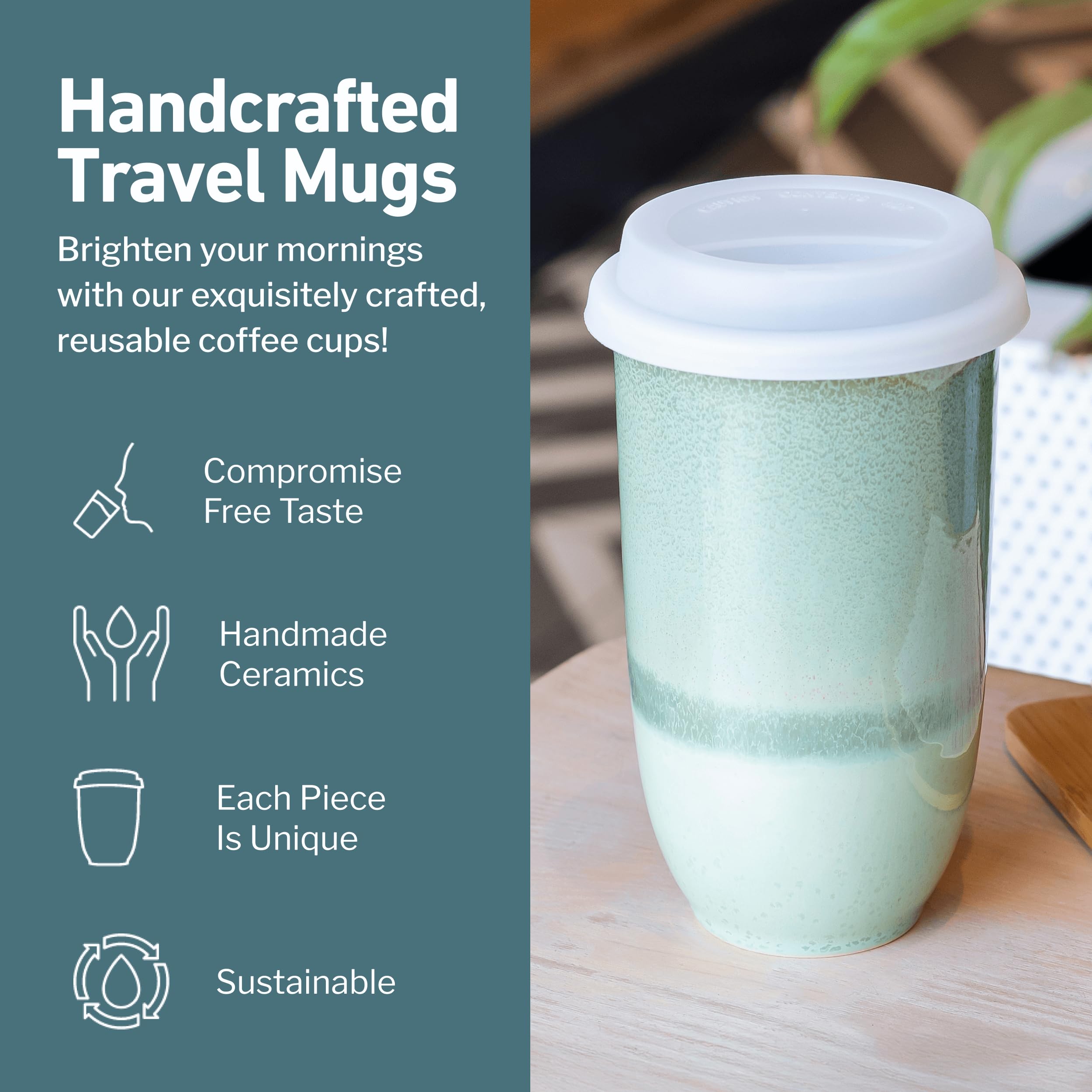 NOVA CERAMICS Coffee Travel Mug - Reusable Coffee - Microwave & Dishwasher Safe Coffee Green Tumbler - Gifts For Women Men Him H