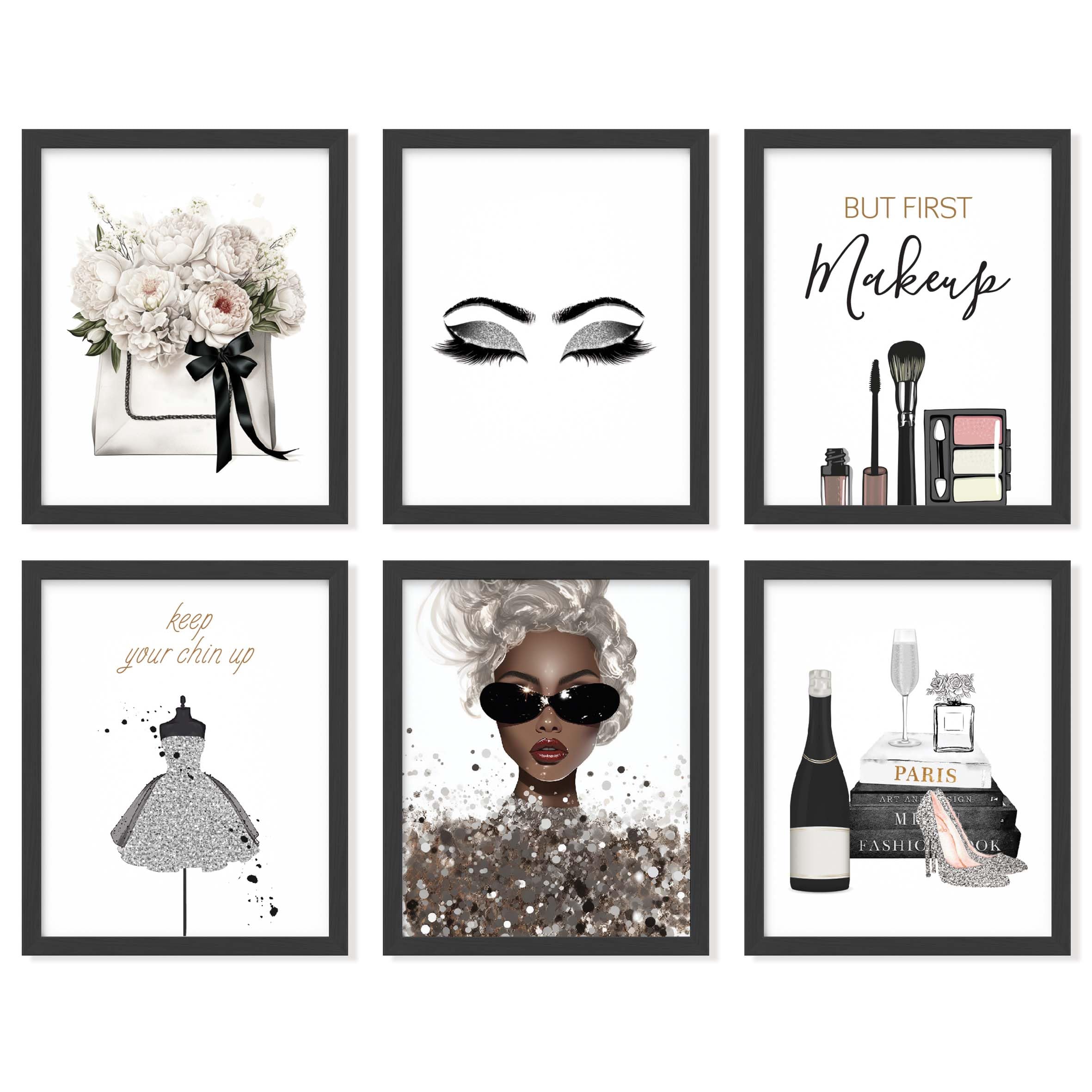 97 Decor Glam Grey Fashion Wall Decor - 6 Pcs Makeup Posters  Silver And Black Glam Wall Art for Women Makeup Room  Silver High Heel Prints  Silver Bedroom Decor for Girls (8x10 UNFRAMED)