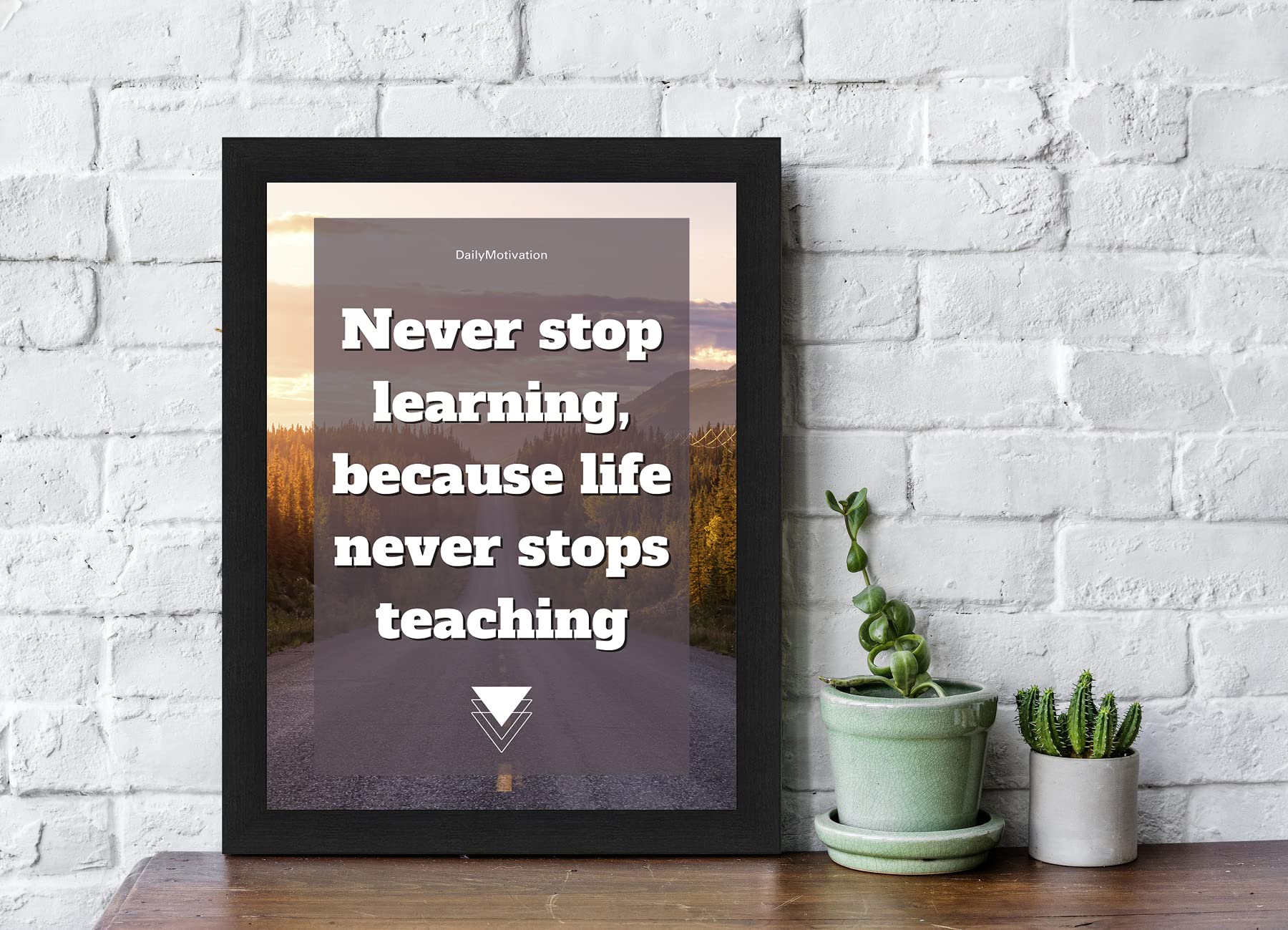 Interio Crafts Inspirational Wall Art Print, Never Stop Learning Quote, Sunset Mountain Scene, Black Frame Synthetic Wood - 13 X