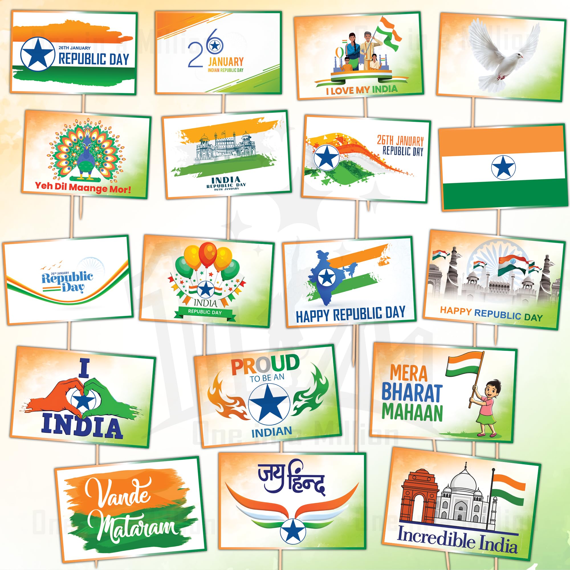 1iAM Republic Day Decoration Items Pack of 39 | 18 Photobooth Props, 20 Bamboo Sticks & Glue Dots Roll for School, College, Club