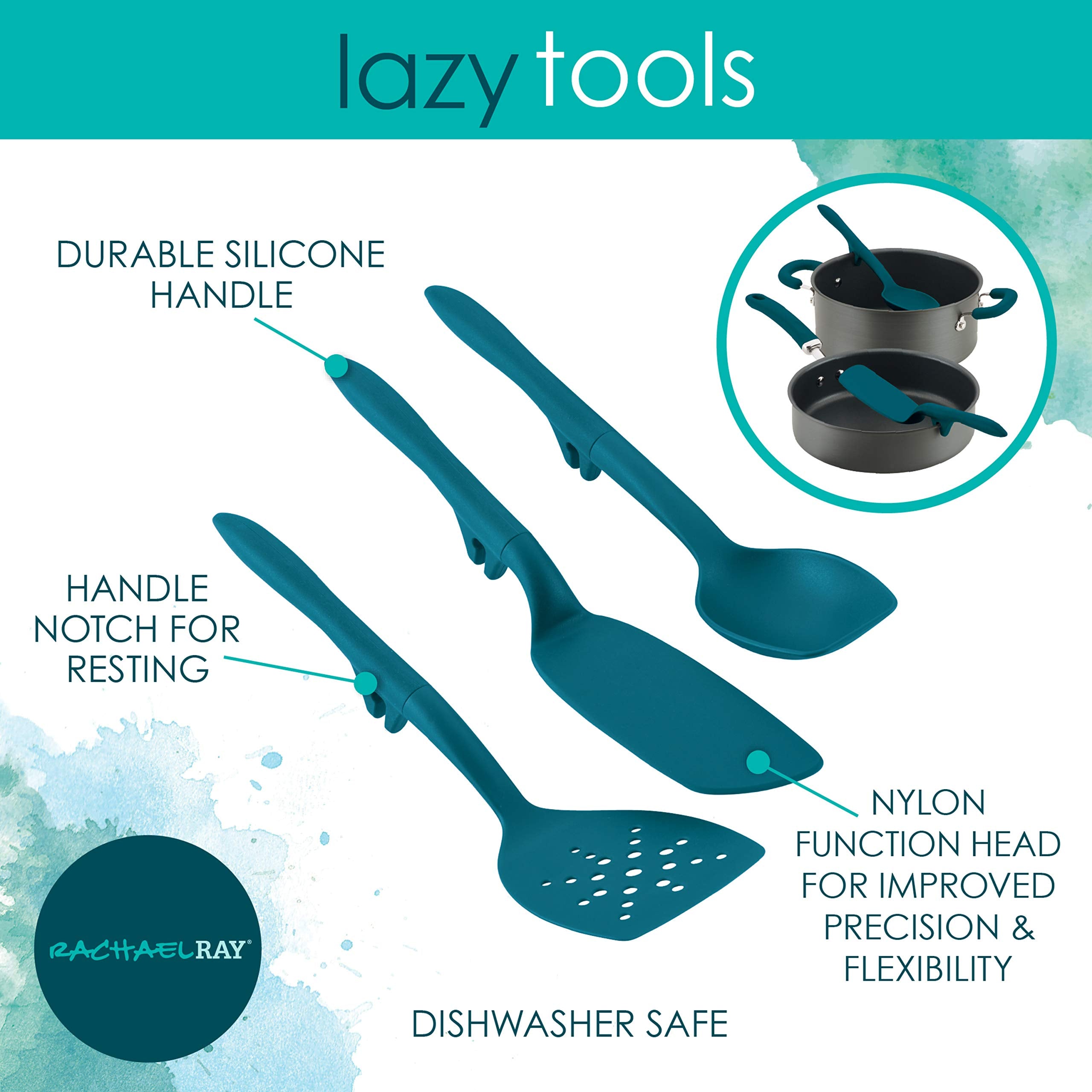 Rachael Ray Tools and Gadgets Spoon  Slotted and Solid Turners Set/ Cooking Utensils - 3 Piece  Teal Blue