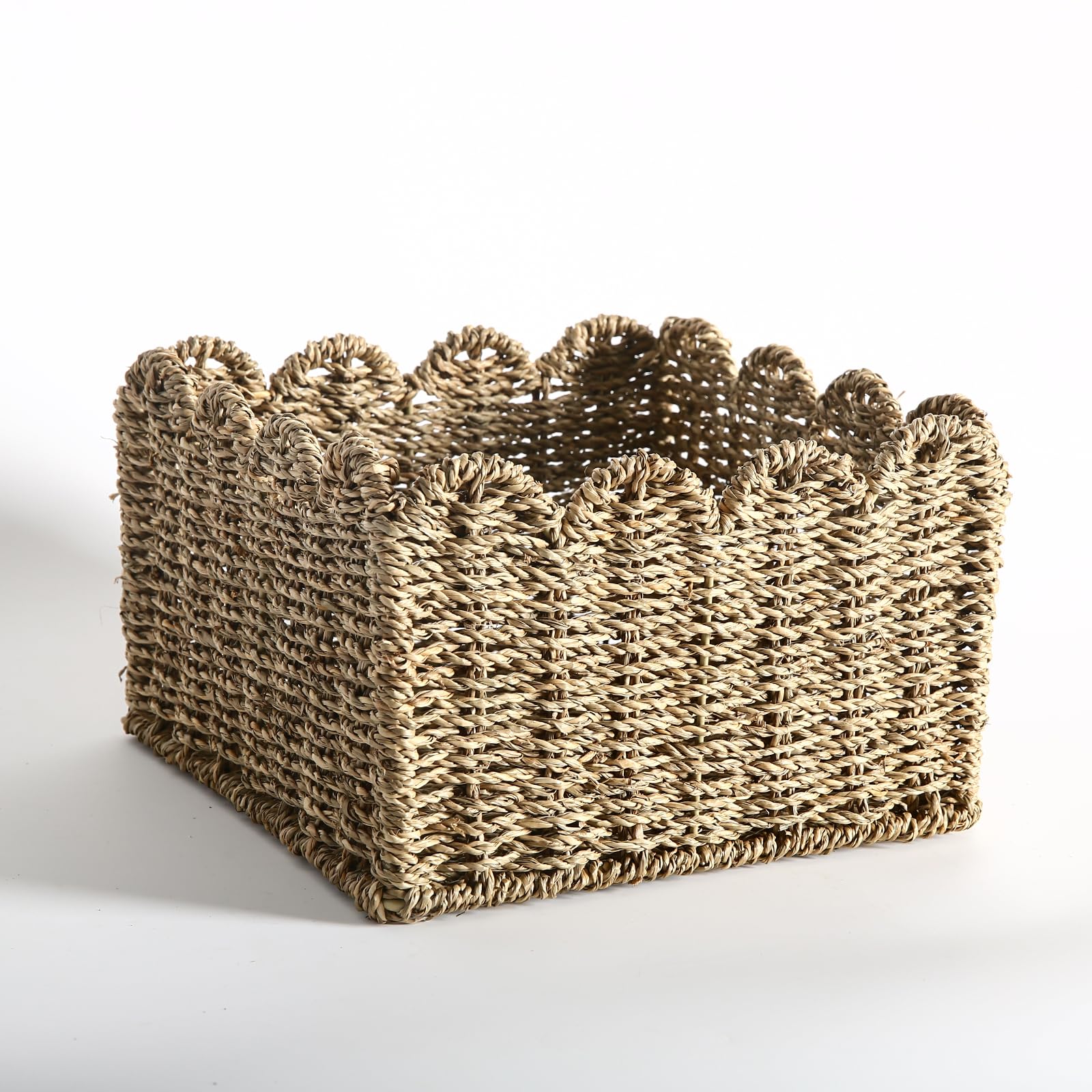 Scalloped Edge Basket, Wicker Storage Baskets, Hand Woven Baskets For Shelves,Natural Baskets For Organizing (Seagrass(S-9.5'' L