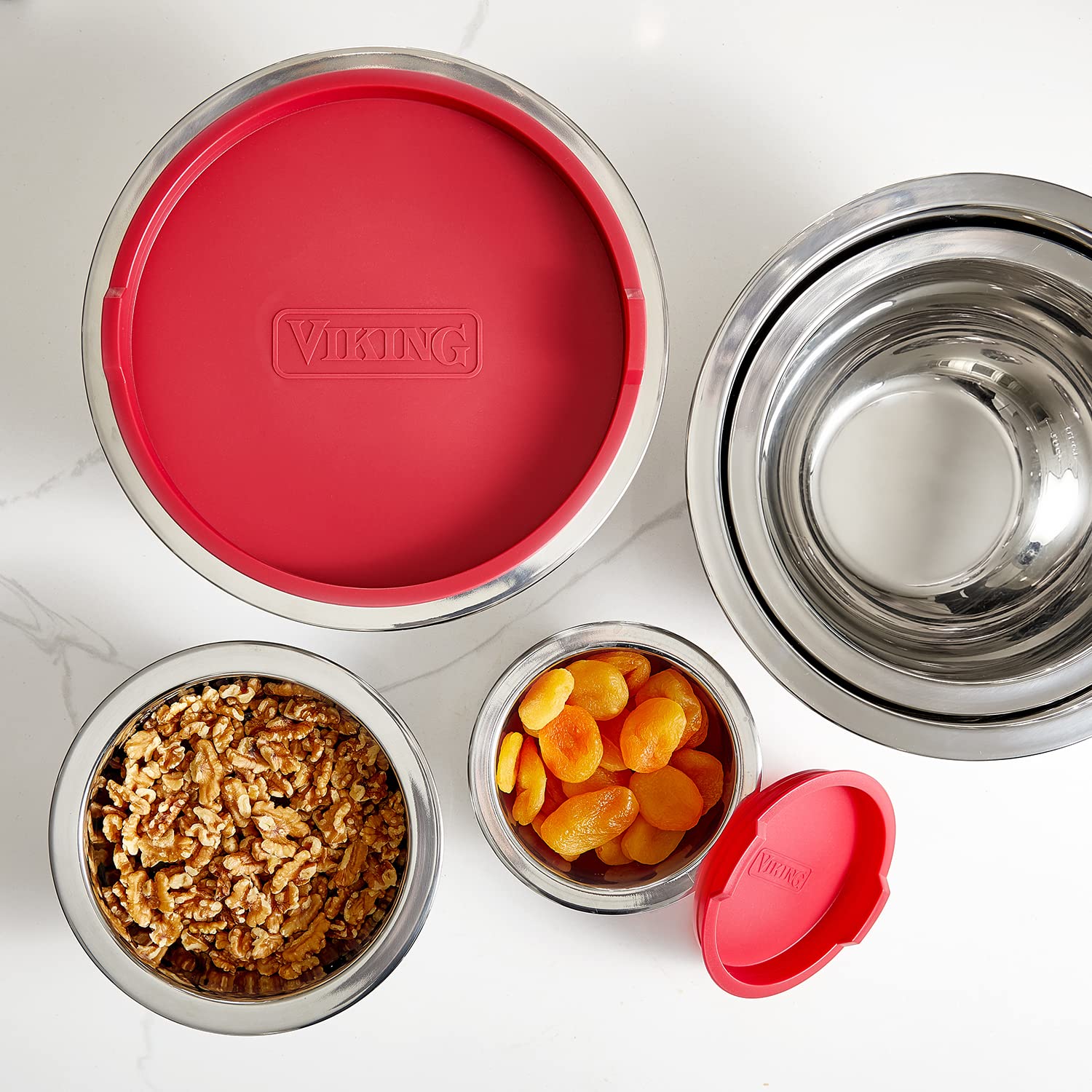 Viking Culinary Stainless Steel Mixing Bowl Set, 10 Piece, Non-Slip Silicone Base, Includes Airtight Lids, Dishwasher Safe, Red