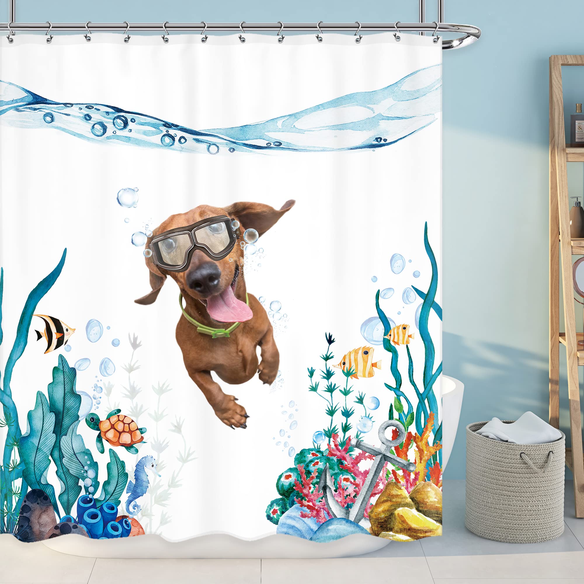 Lghtyro Funny Dog Kids Dachshund Shower Curtain Bathroom Set 60Wx71H Inches Teal Blue Sea Ocean Nautical Cute Fish Turtle Anchor