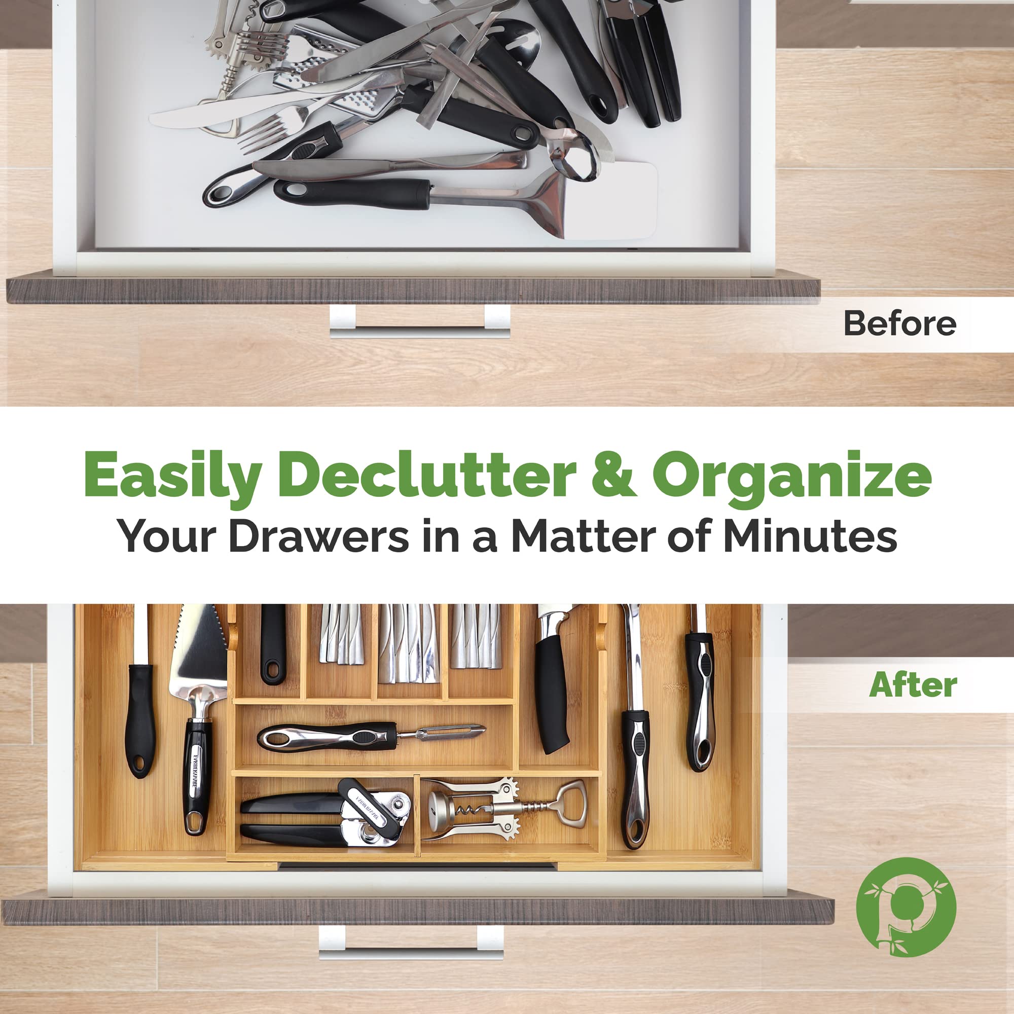 Pristine Bamboo Silverware Organizer - Expandable Kitchen Drawer Organizer - Adjustable Kitchen Drawer Organizer for Utensils  Expandable to 25 Inches Wide  10 Compartments  Silverware Tray for Drawer