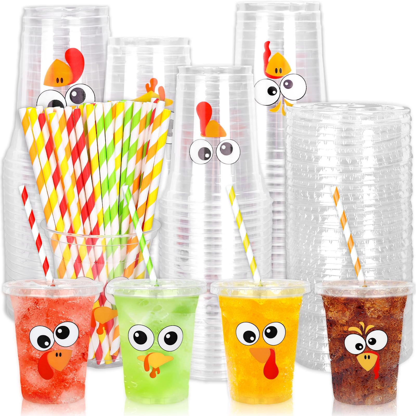 FYSUIMU 100Pcs 12Oz Fall Thanksgiving Plastic Cups with Lids and Straws Funny Cartoon Turkey Expression Cold Beverage Drinking C