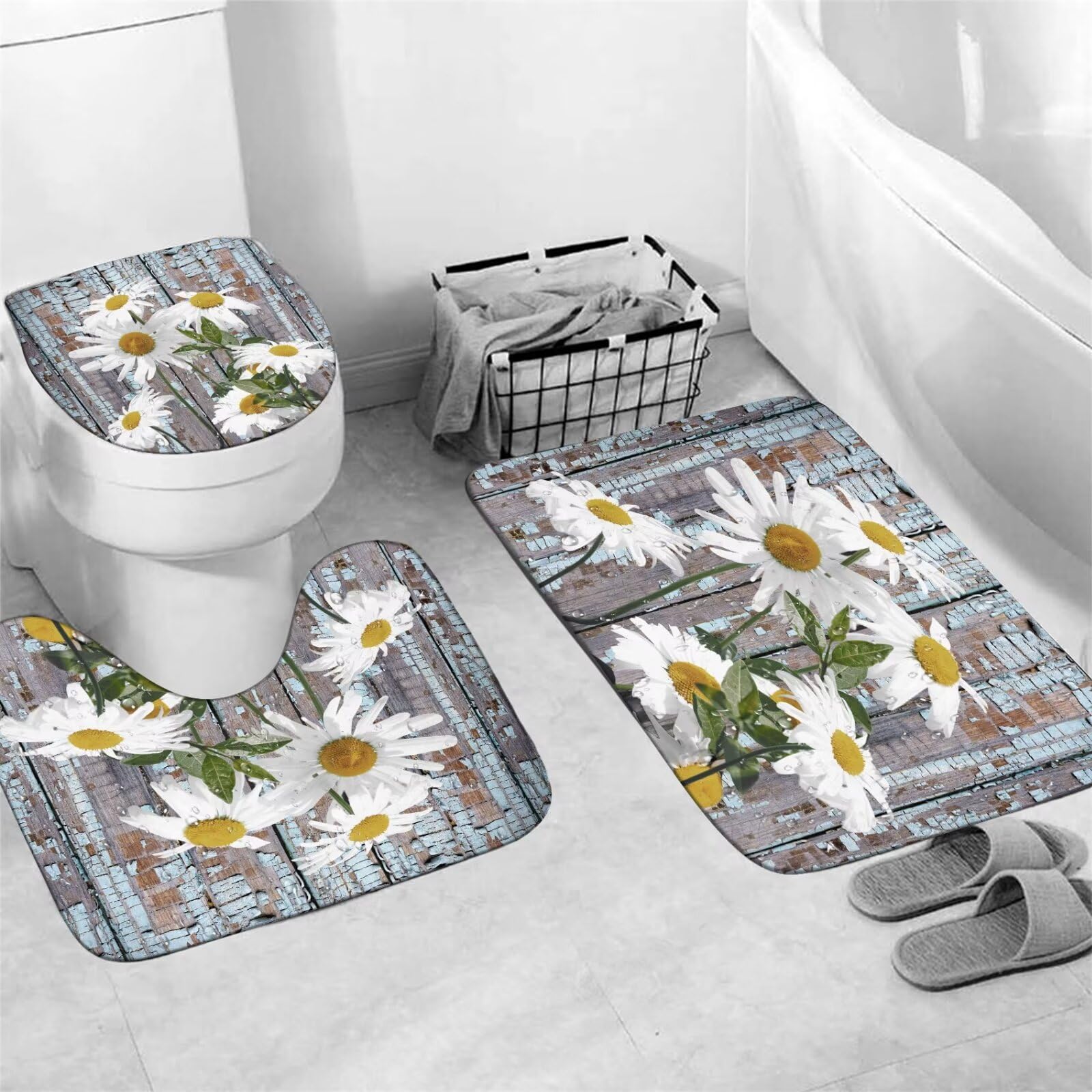 Azhm White Daisy Flower Shower Curtain Sets 4 Pcs Rustic Farmhouse Bathroom Decor Set With Shower Curtain And Rugs And Accessori