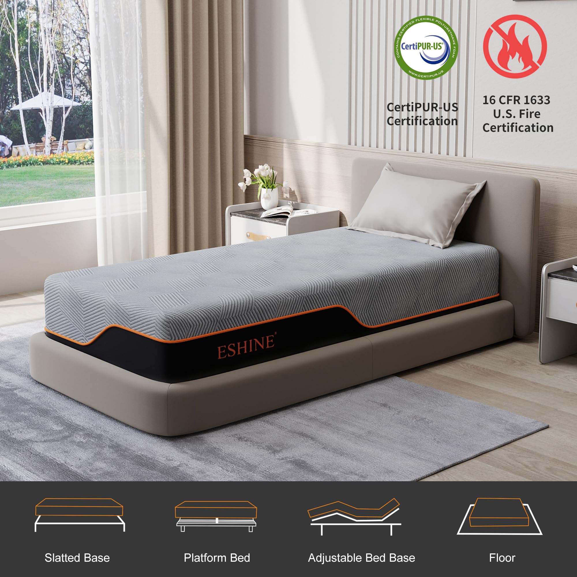 Eshine 14 Inch Memory Foam Mattress Twin Xl - Green Tea Mattress With Gel Memory Foam For Back Pain, 14 Inch Mattress In A Box F