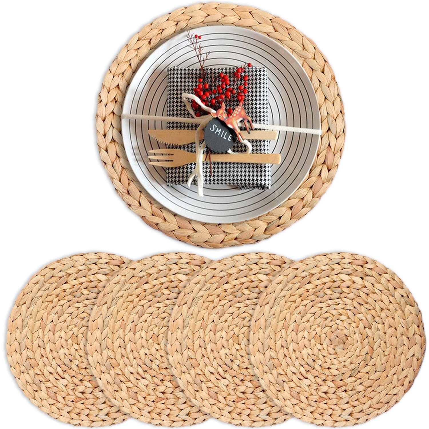Boho Placemats For Dining Table Set Of 4, Water Hyacinth Placemats For Round Table, Round Placemats For Round Tables, Woven Plac