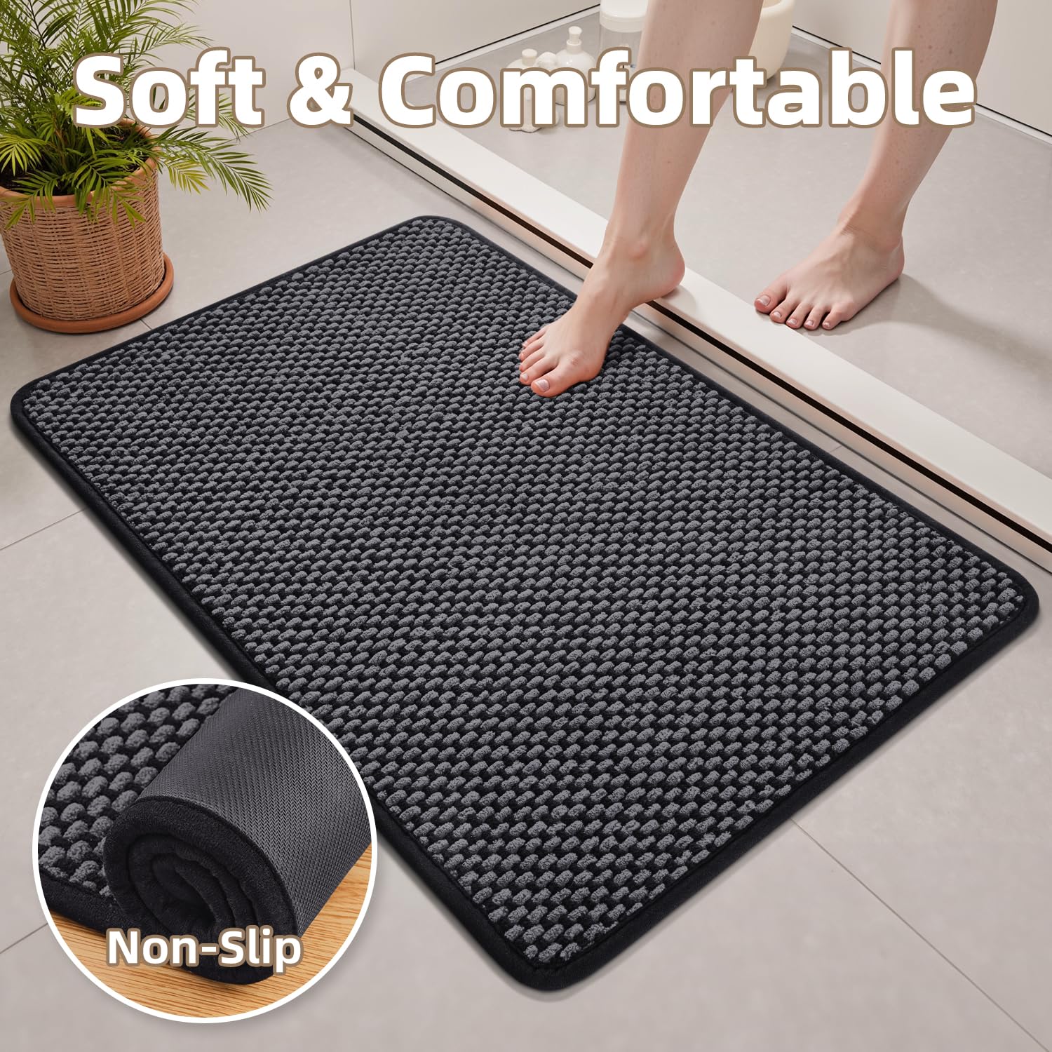 PADOOR-Bath Mat Runner-Super Absorbent Chenille Bathroom Mats-Rubber Backed Bath Mats for Bathroom Non Slip, Easy Clean Bathroom