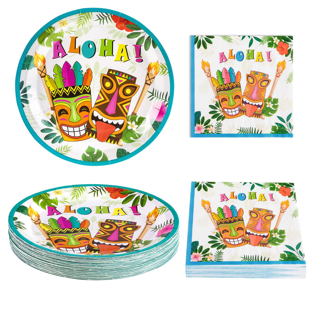 Wernnsai Aloha Luau Plates And Napkins - Serves 50 Gusets 100Pcs Hawaiian Tropical Tiki Party Supplies Disposable Tableware Set