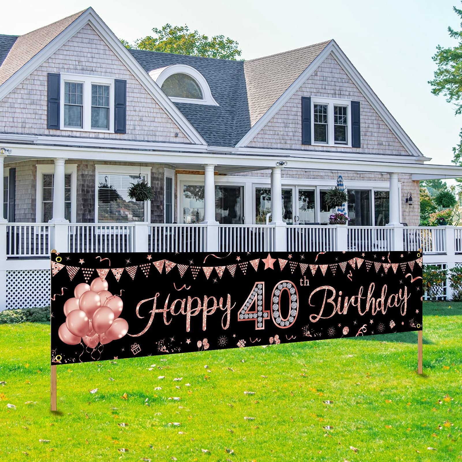 40Th Birthday Banner Decorations For Women, Rose Gold Happy 40 Year Old Birthday Sign Party Supplies, Forty Bday Party Decor Pho