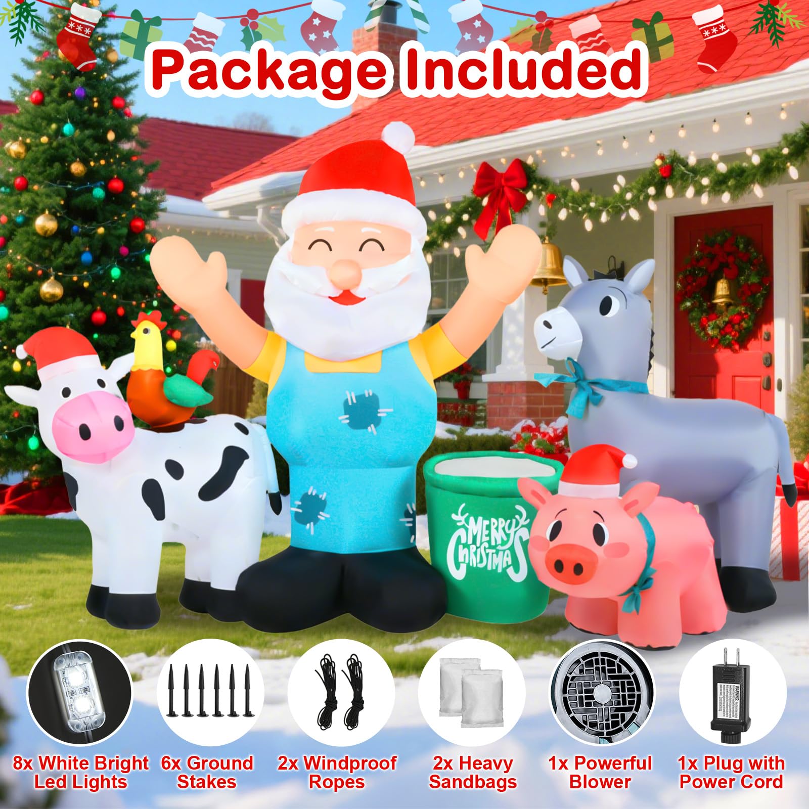 Zeepair Christmas Inflatables 8FT Santa Farm Animals with LED Lights - Multicolor Polyester Yard Decoration