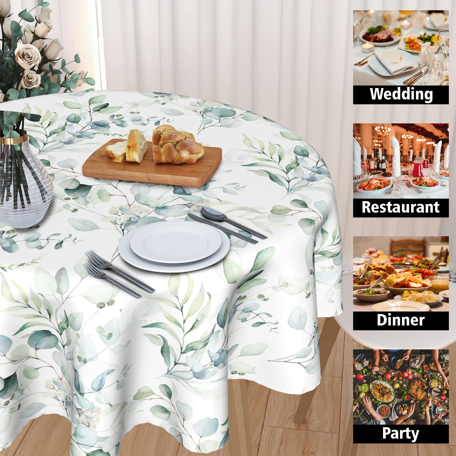 Spring Leaf Floral Sage Green Tablecloth Round 60 Inch Ruitic Watercolor Table Cloth Waterproof Fabric Farmhouse Green Grey Leav