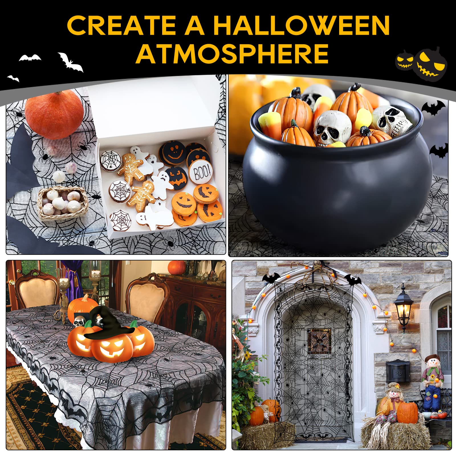 Ezakka Halloween Table Cloth, Spider Web Table Cloth Black Tablecloth Lace Fabric Table Cloths Halloween Table Cover For Rectang