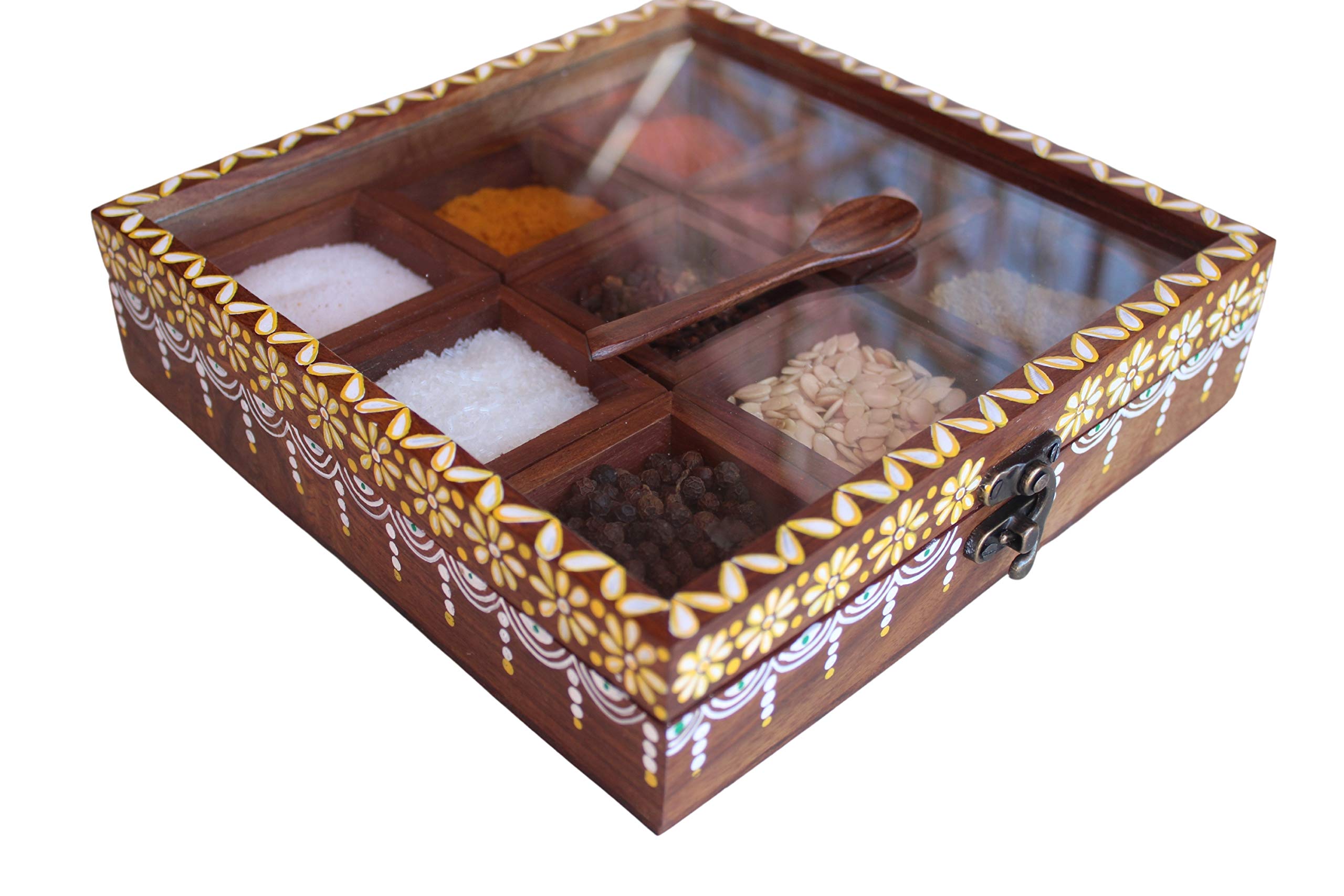 AnayraS Handcrafted And Hand Painted Indian Rosewood Spice Box Sheesham Masala Dabba Containers Jars Cum Kitchen Spice Box With