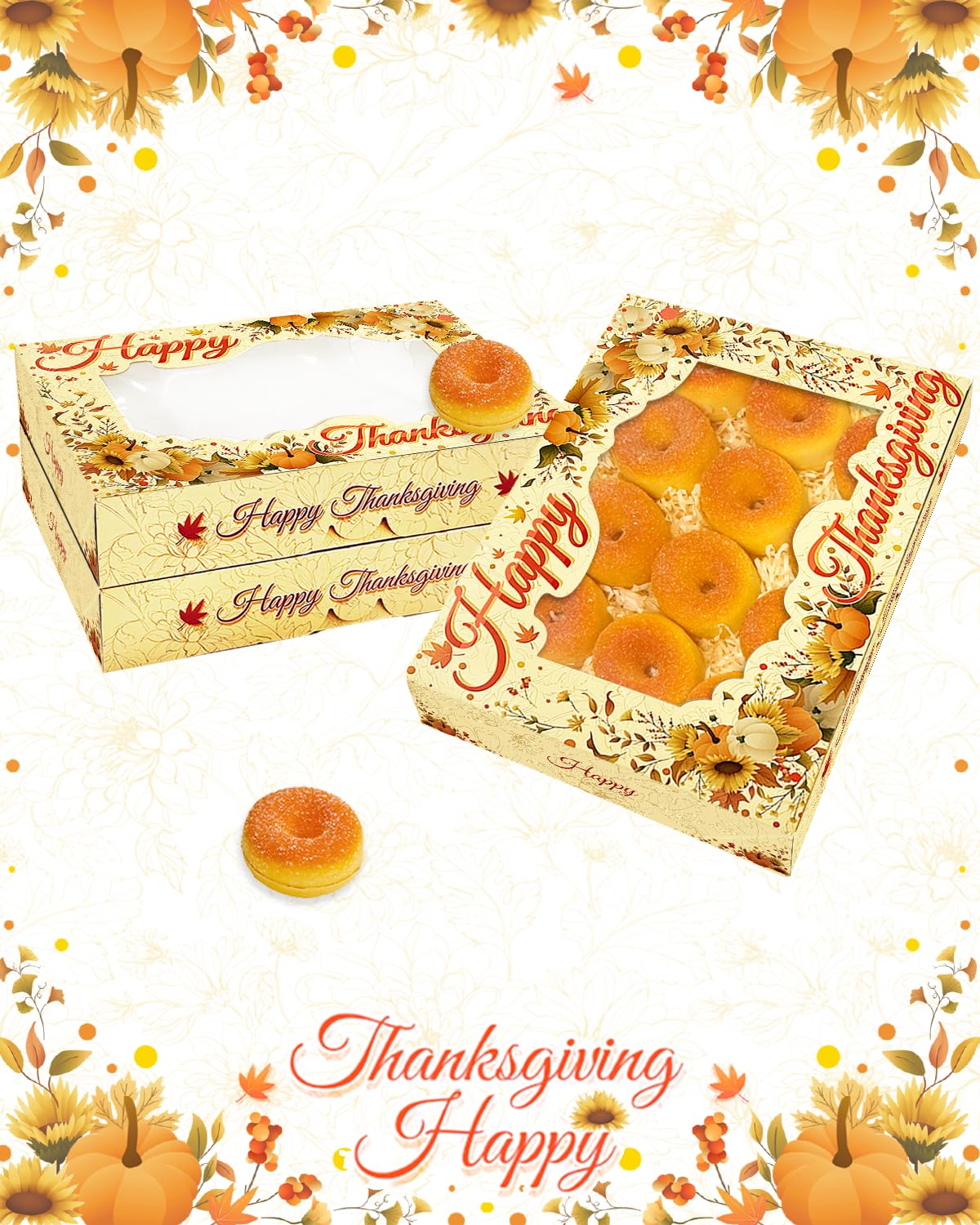 qiqee Thanksgiving 14x10x2.5 inch Auto-pop Up 24Pcs Cookie Box with Window Thanksgiving Pumkin Flower Pastry Macaron Bakery Box