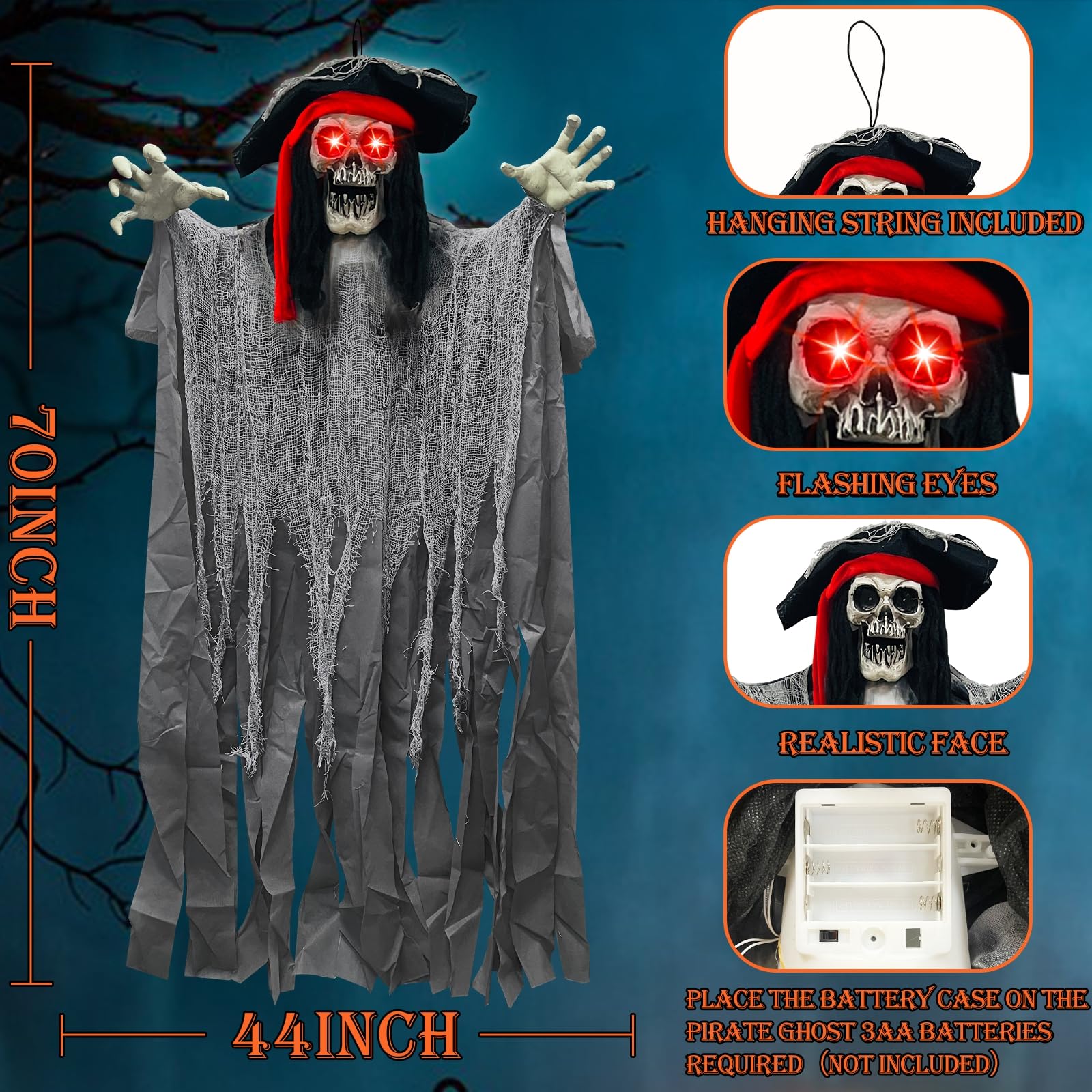 [ Sound Activated & Large ] 70 Inch Halloween Animatronic Hanging Talking Pirate Ghost Decoration Light up Eyes Shake Life Size