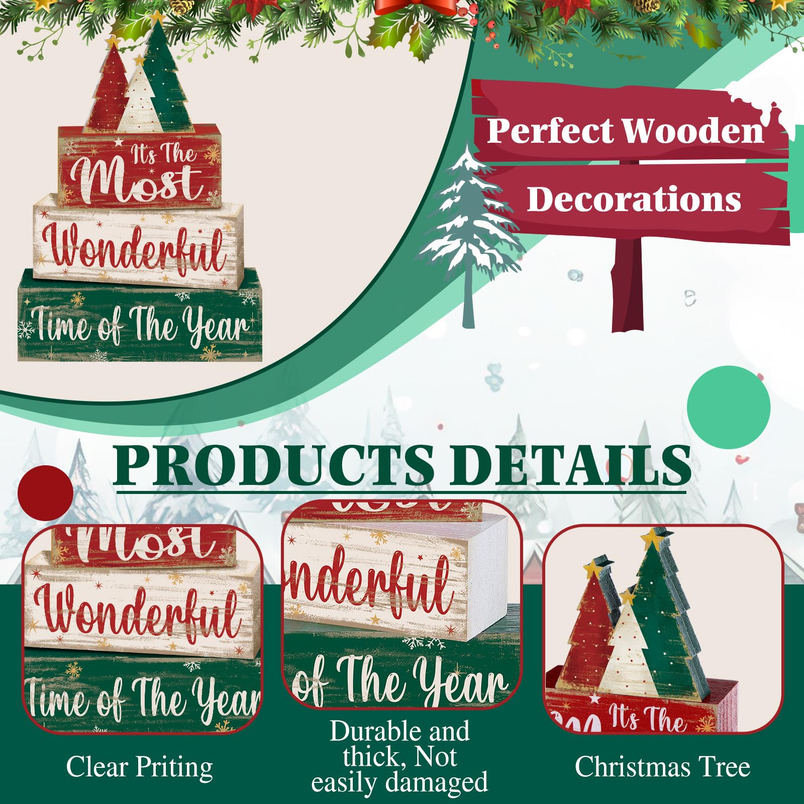 Moucuny 4 Pcs Christmas Decor Wooden Christmas Tree Tiered Tray Decor Xmas Centerpieces Farmhouse Wooden Block Set Xmas Table Si