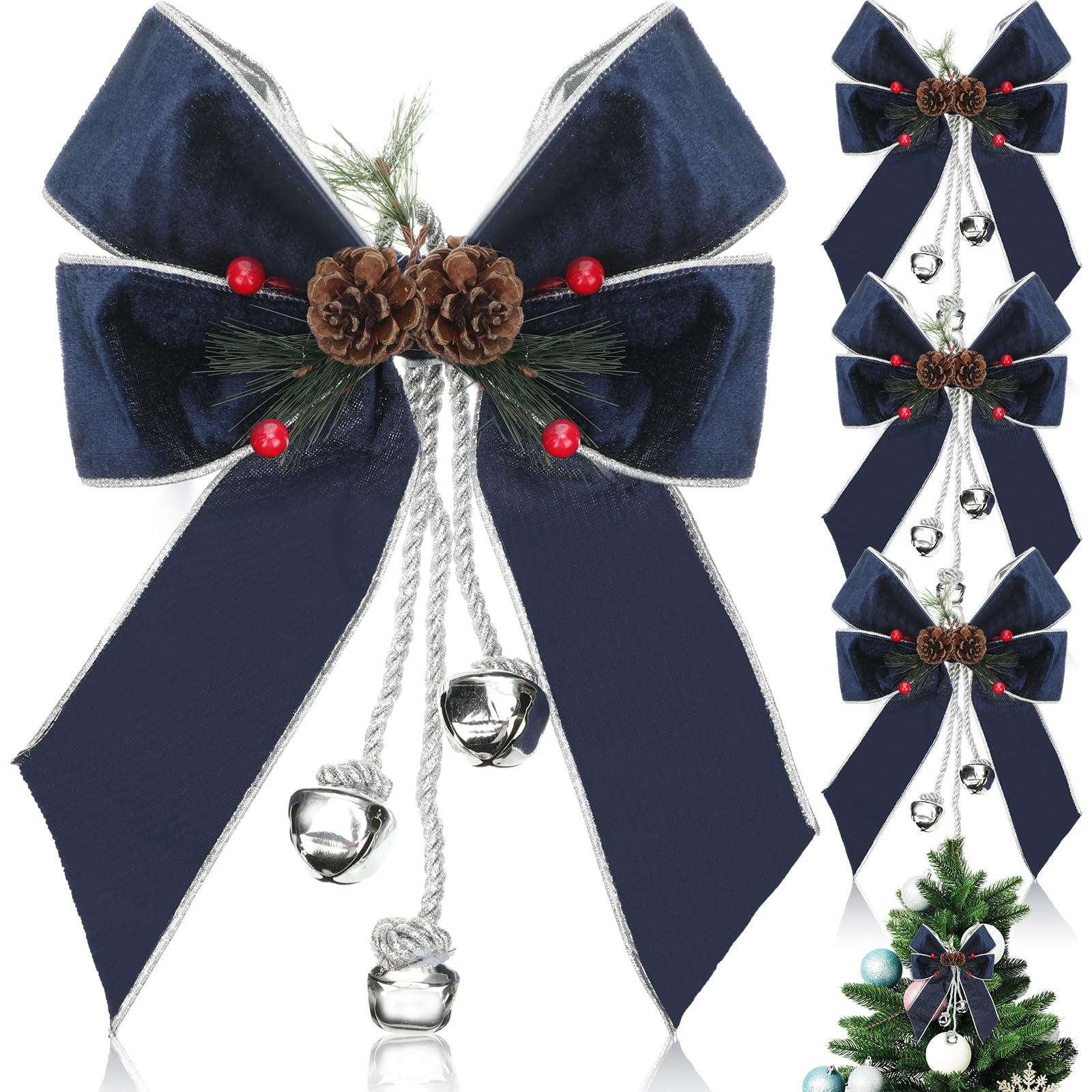 Yinkin Christmas Tree Wreath Bow Christmas Ribbon Bows with Bells 11 x 7.8 in Velvet Pine Cone Bowknot Xmas Tree Hanging Ornamen