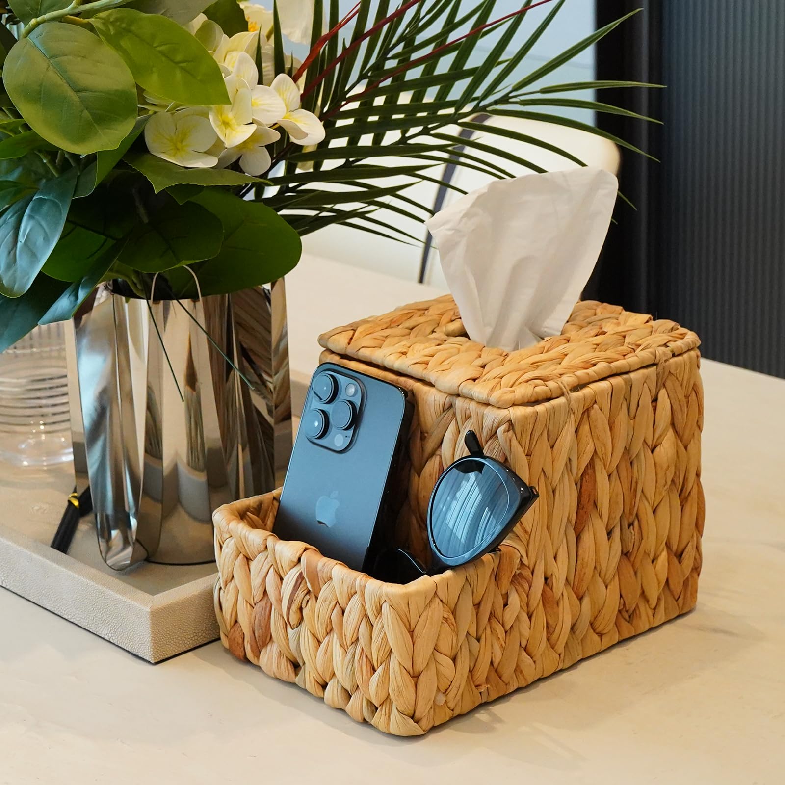 Pinxiury Water Hyacinth Tissue Box Cover Square, Tissue Box Holder, Tissue Box With Remote Organizer, Bedside Organizer, Remote