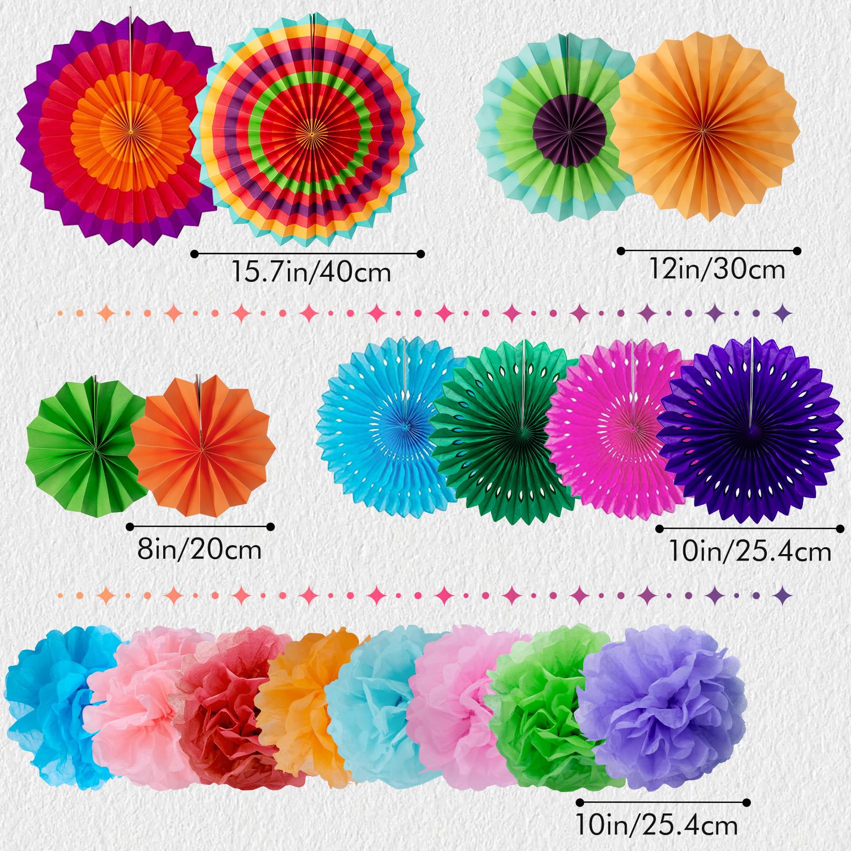Huryfox Fiesta Party Decorations - 33pcs Colorful Mexican Themed Hanging Paper Fans  Rainbow Paper Pom Poms  Fiesta Bunting and Tissue Paper Streamers for Birthday  Festival  and Rainbow Parties