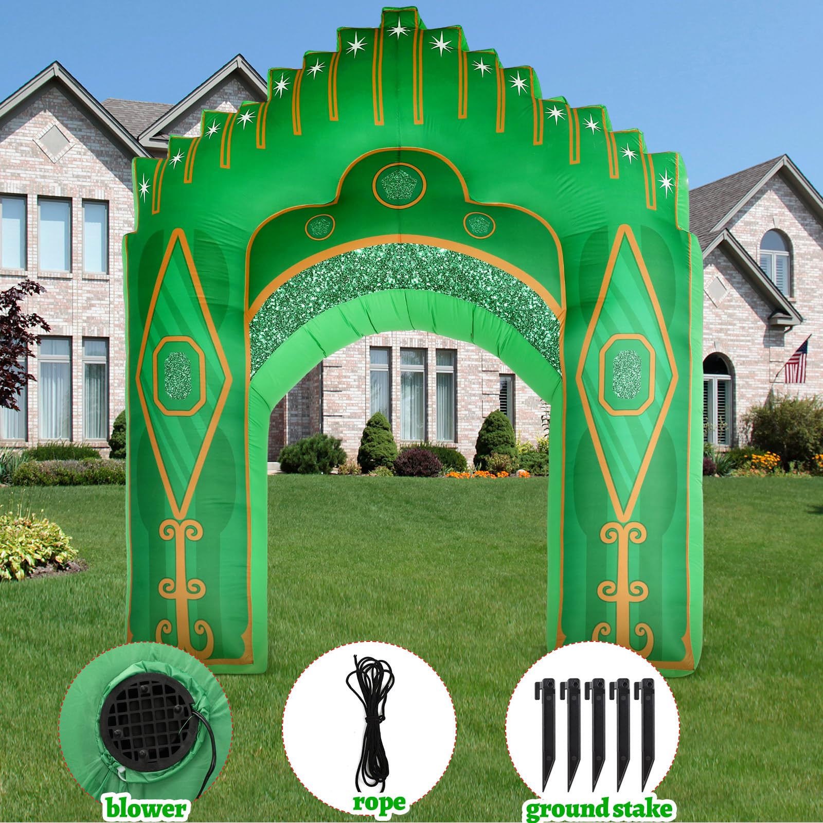 Preboun 10ft Inflatable Green Castle Emerald Green Castle Inflatables Arch Blow up Archway Built in LED Lights for Wizard Birthd