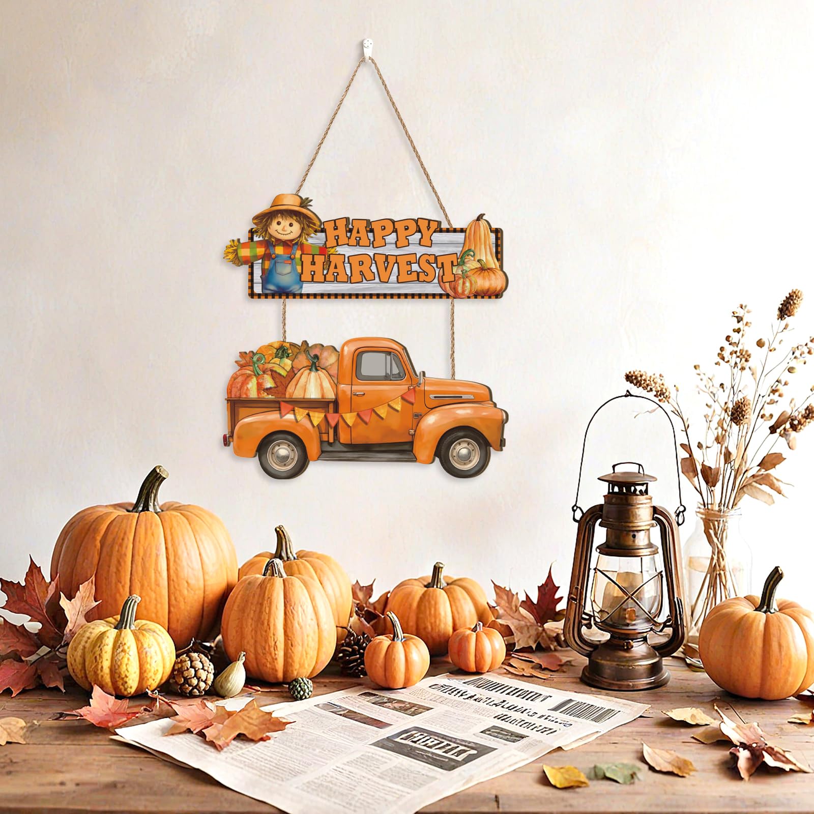 Ausril Happy Harvest Door Sign,Happy Thanksgiving Wooden Sign,Fall Truck Decor,Autumn Harvest Wall Plaque,Scarecrow Wall Hanging