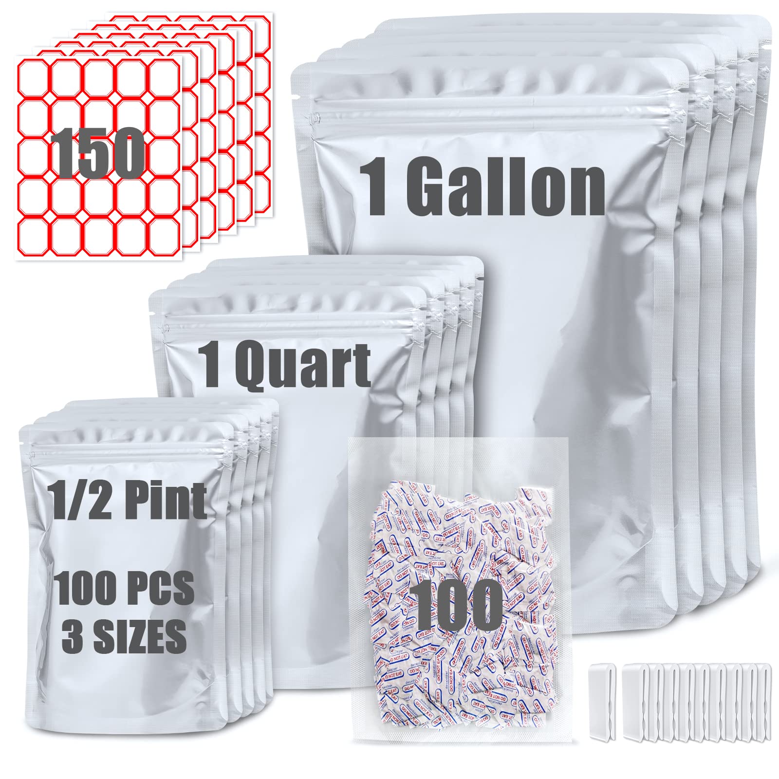 100 Pack Mylar Bags For Food Storage With 100X300Cc Oxygen Absorbers - 9 Mil 10''X14'', 9Mil 6''X9'', 9Mil 4.3''X6.3'' - Reseala