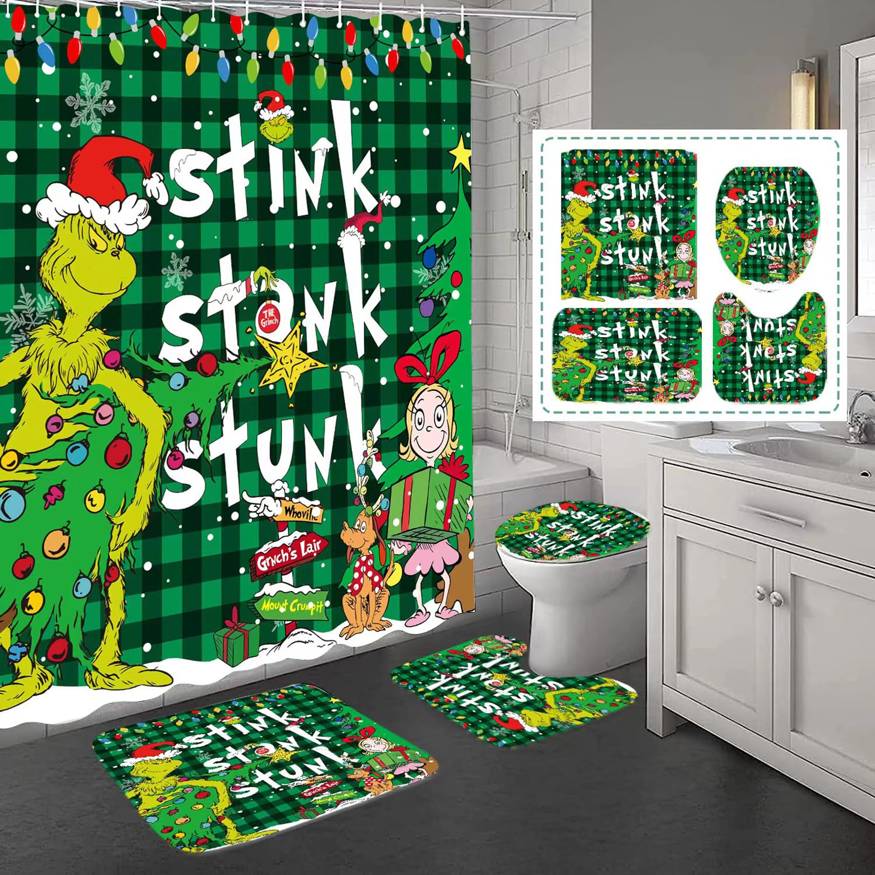 Baterzo 4 Pcs Christmas Shower Curtain Sets With Non-Slip Rugs, Toilet Lid Cover And Non-Slip U Shape Bath Mat, Christmas Bathro