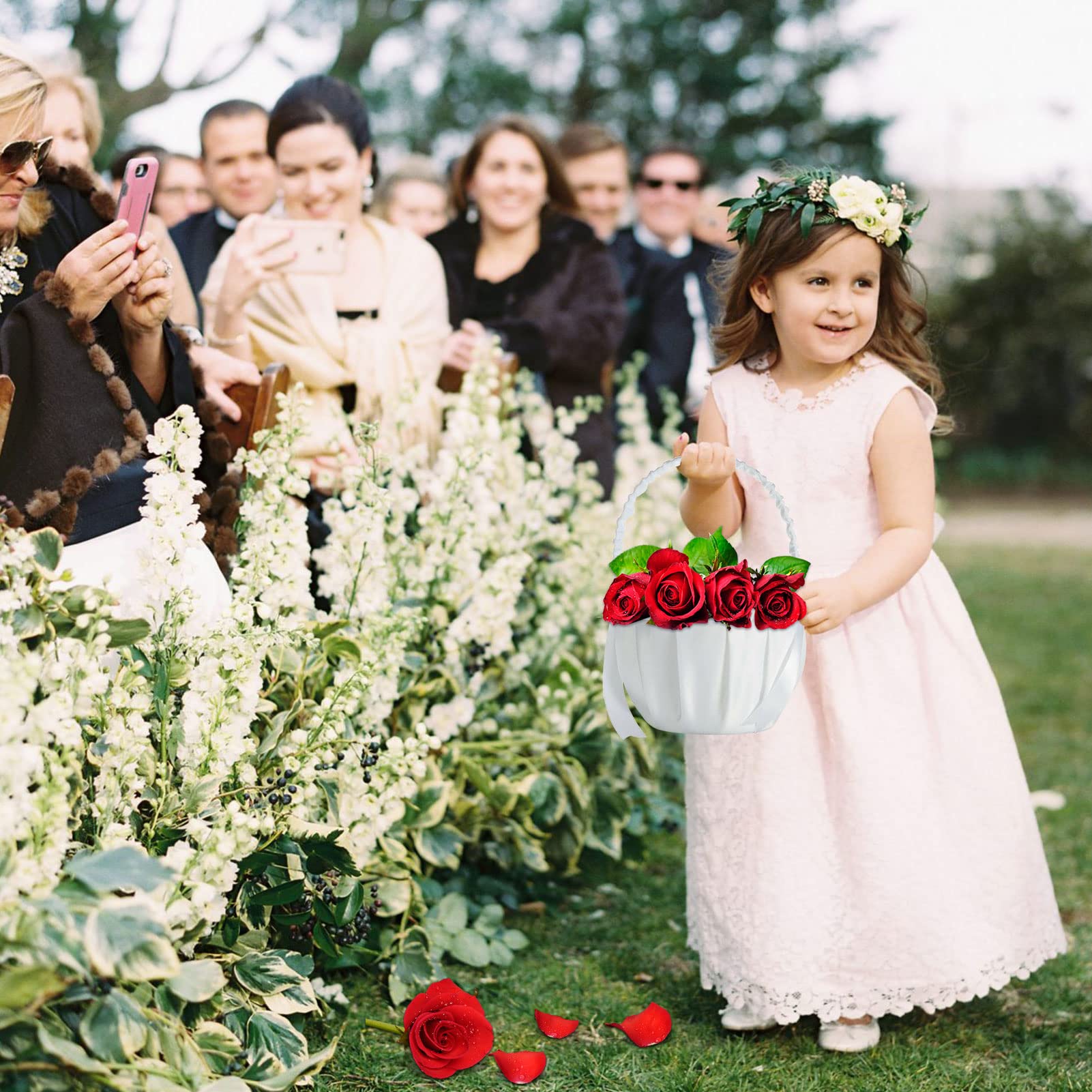 4Pcs Wedding Flower Baskets, White Satin Bowknot Flower Baskets Pearl Collection Flower Girl Baskets For Weddings (Pearl Bow)