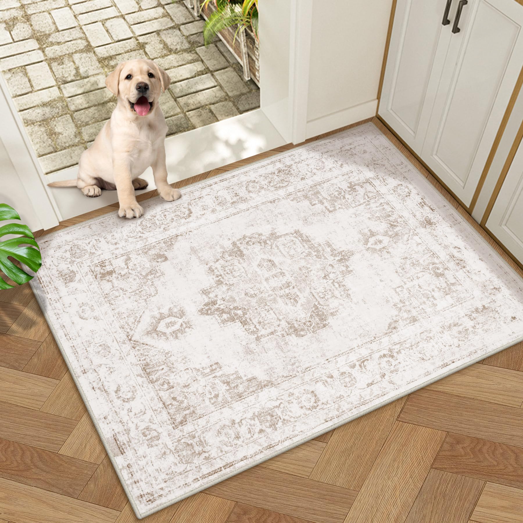 Area Rug 8x10 Vintage Rugs: Large Washable Indoor Medallion Rug Low Pile Distressed Floor Carpet Retro Accent Rugs for Living Ro