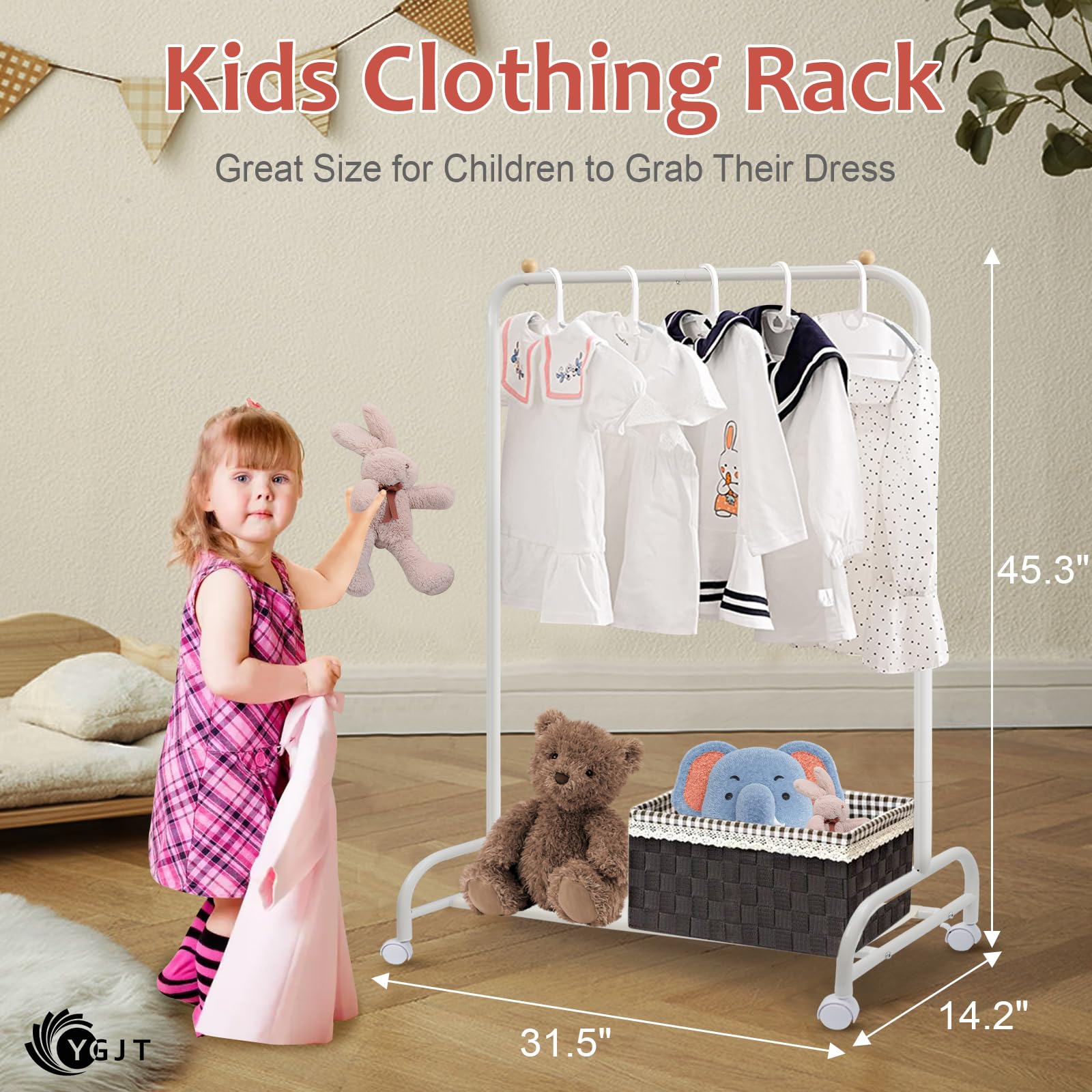 YGJT Kids Clothing Rack - White Metal Toddler Garment Rack with Wheels & Bottom Storage Shelf, Model Portant001