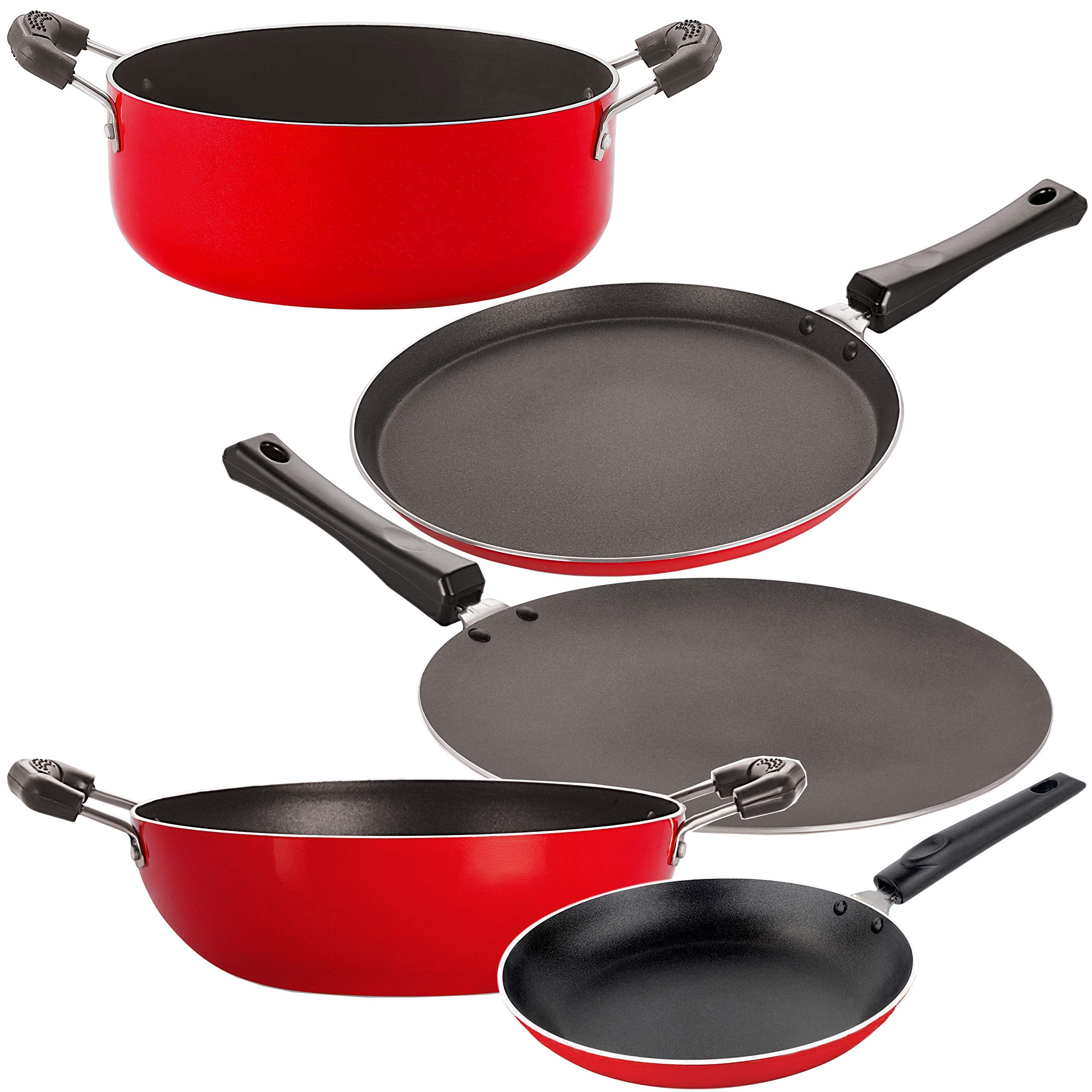 Nirlon Aluminium Cookware Set, 5-Pieces, Red And Black (26_Ct_Kd12_Tp_Ft10_Cass20)