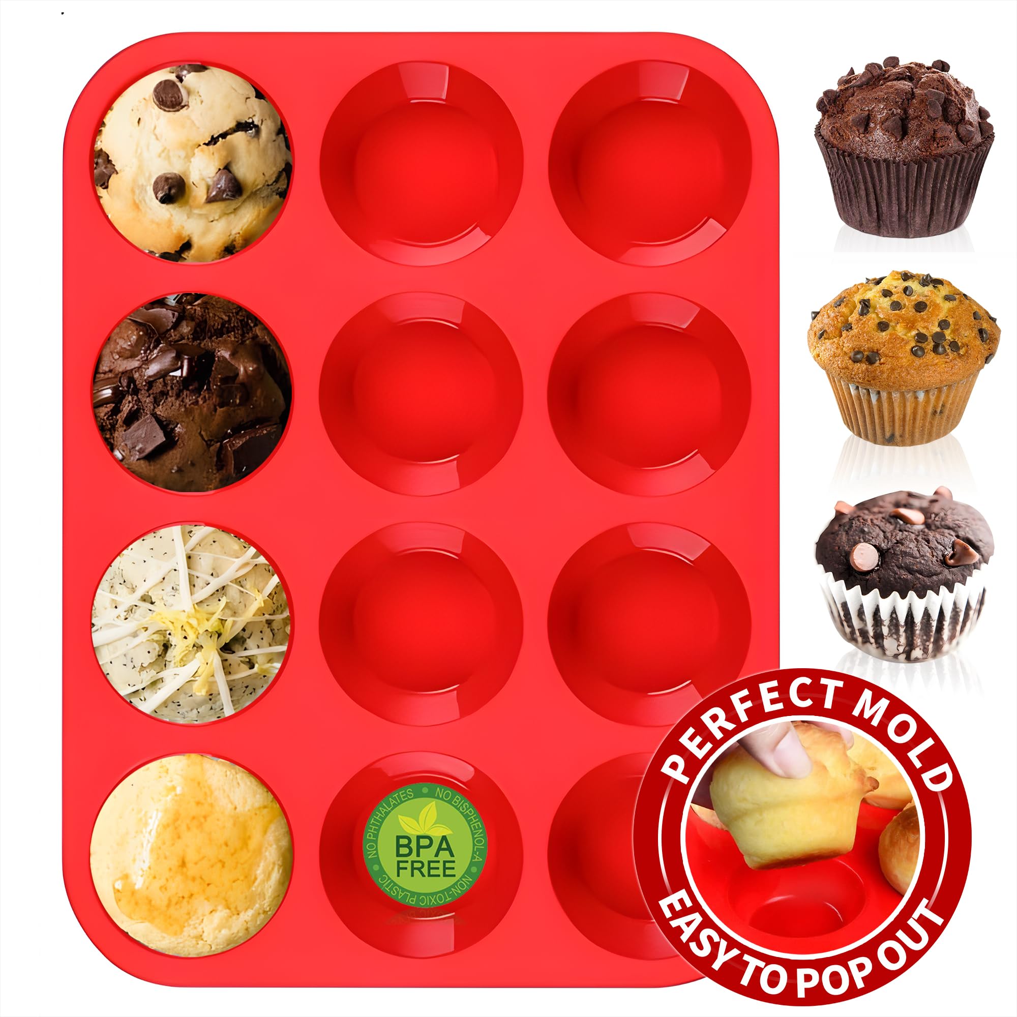 Keliwa 12 Cup Silicone Muffin Pan - Cupcake Baking Pan Great For Making Muffin Cakes, Tart, Bread -Non - Stick Silicone Mold/Dis