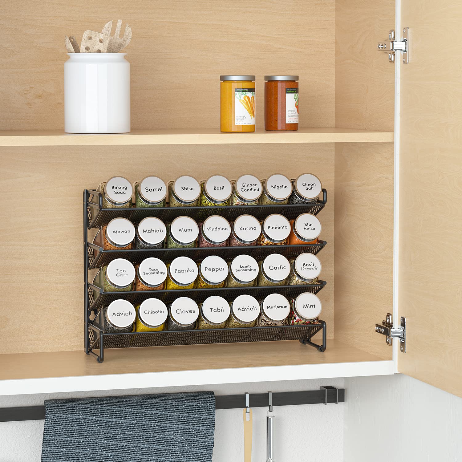 SpaceAid Spice Rack Organizer with 28 Spice Jars, 386 Spice Labels, Chalk Marker and Funnel Set for Cabinet, Countertop, Pantry,