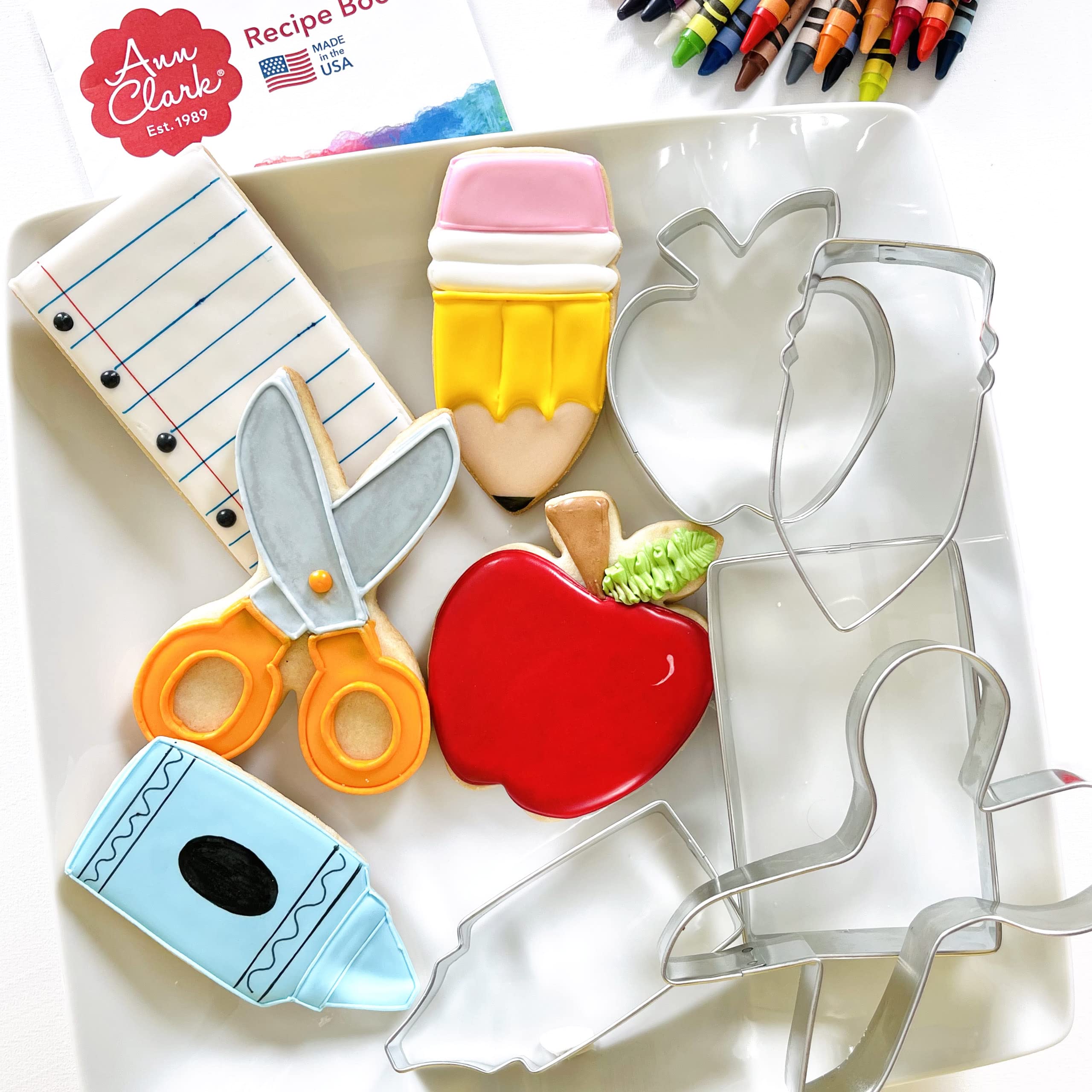 Back To School And Teacher Appreciation Cookie Cutters 5-Pc. Set Made In Usa By Ann Clark, Apple, Pencil, Crayon, Scissors, Pape