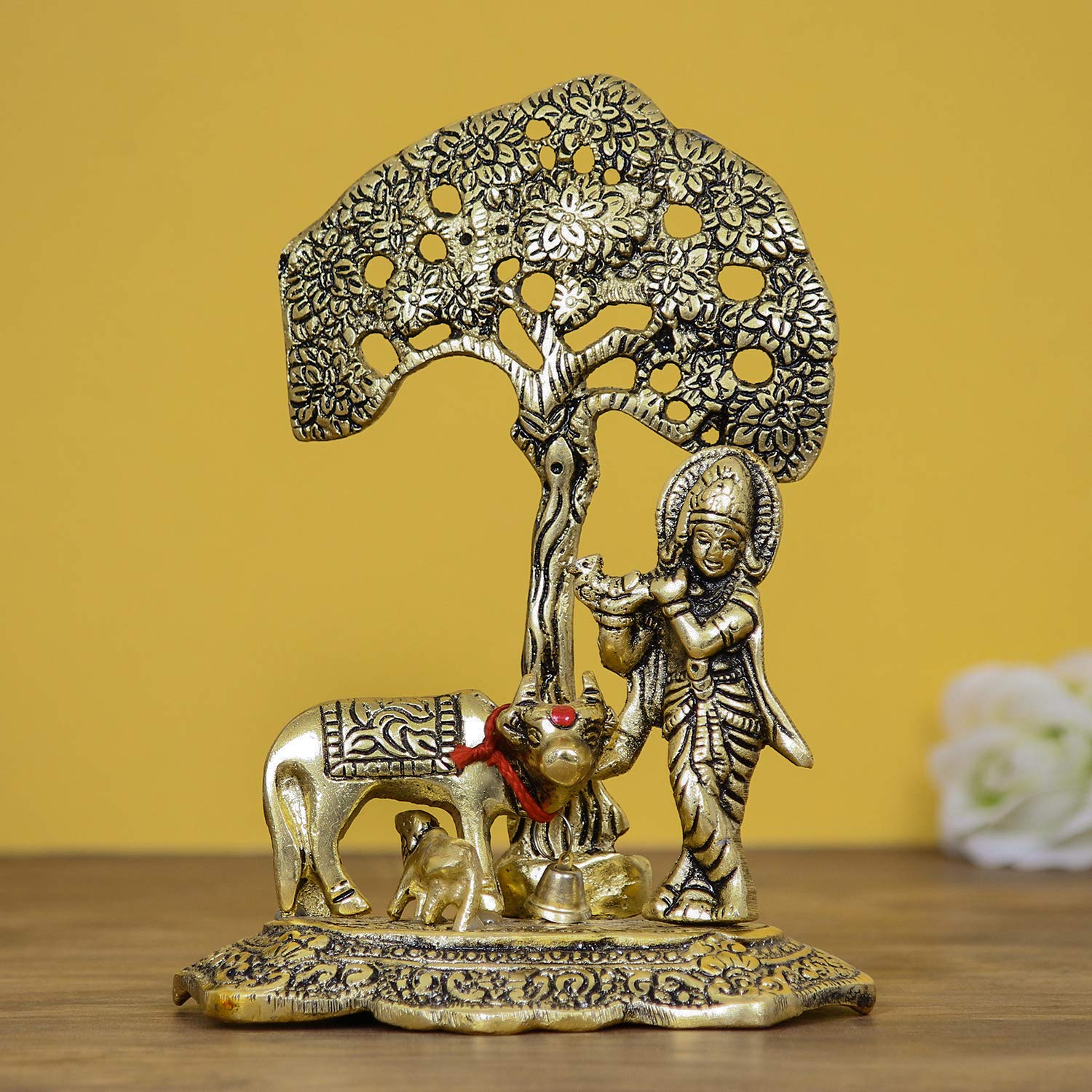 Ecraftindia Golden Lord Krishna Idol Playing Flute Under Tree With Cow And Calf Decorative Showpiece For Home Decor Pooja Room T