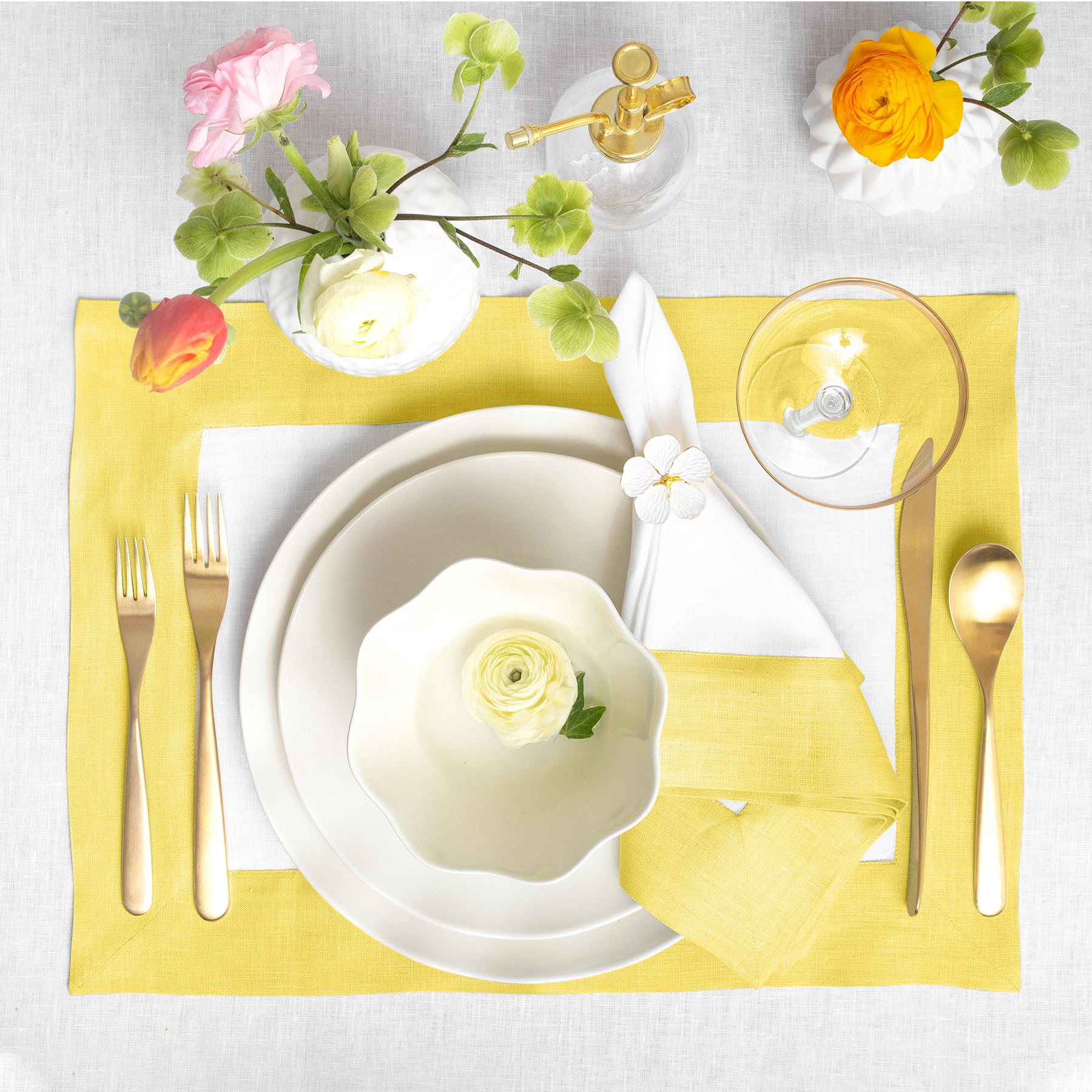 Solino Home Linen Placemats Set Of 4-100% Pure Linen Cloth Fabric Placemats Sunshine Yellow And White - 19'' L X 14'' W Inch Was