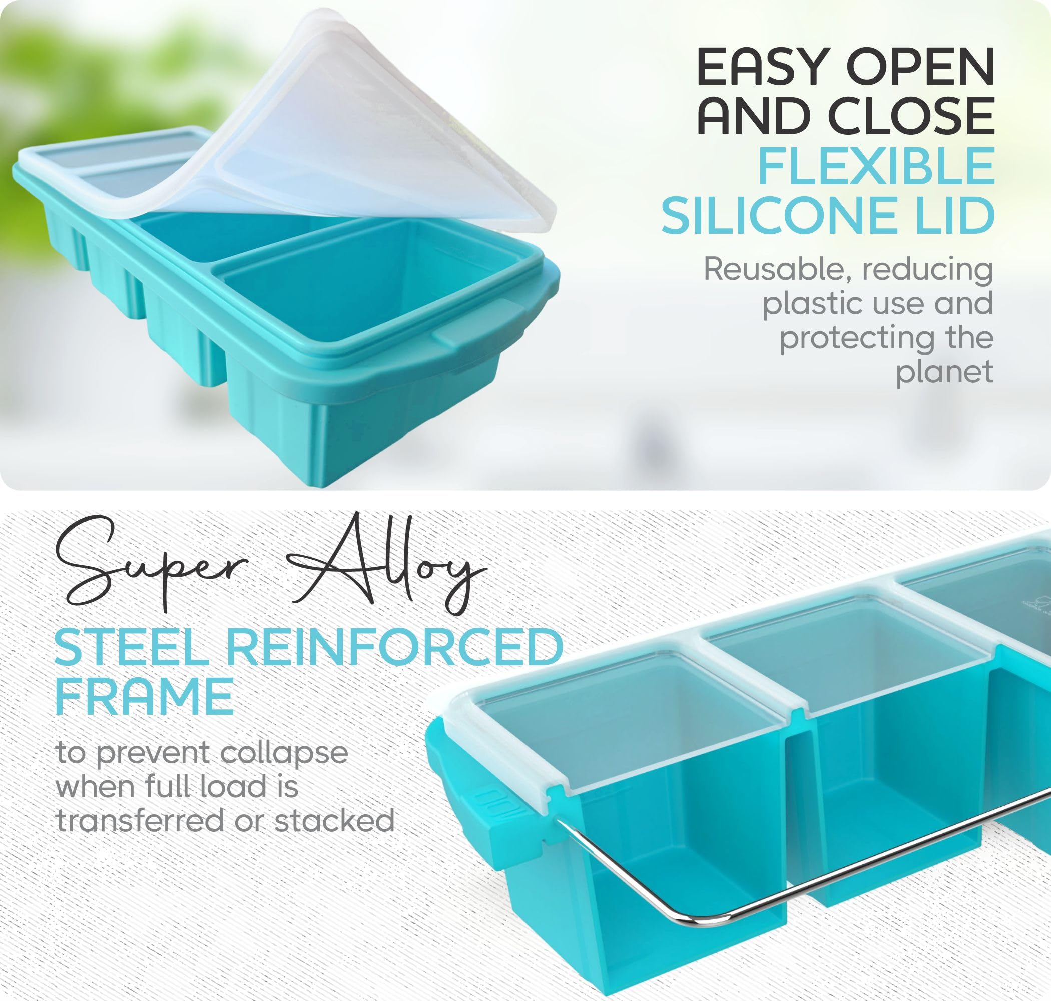 Xomoo Silicone Freezer Tray With Lid - Soup Freezer Container Molds - Large Ice Cube Tray- Makes 8 Perfect 1 Cup Portions Cubes,