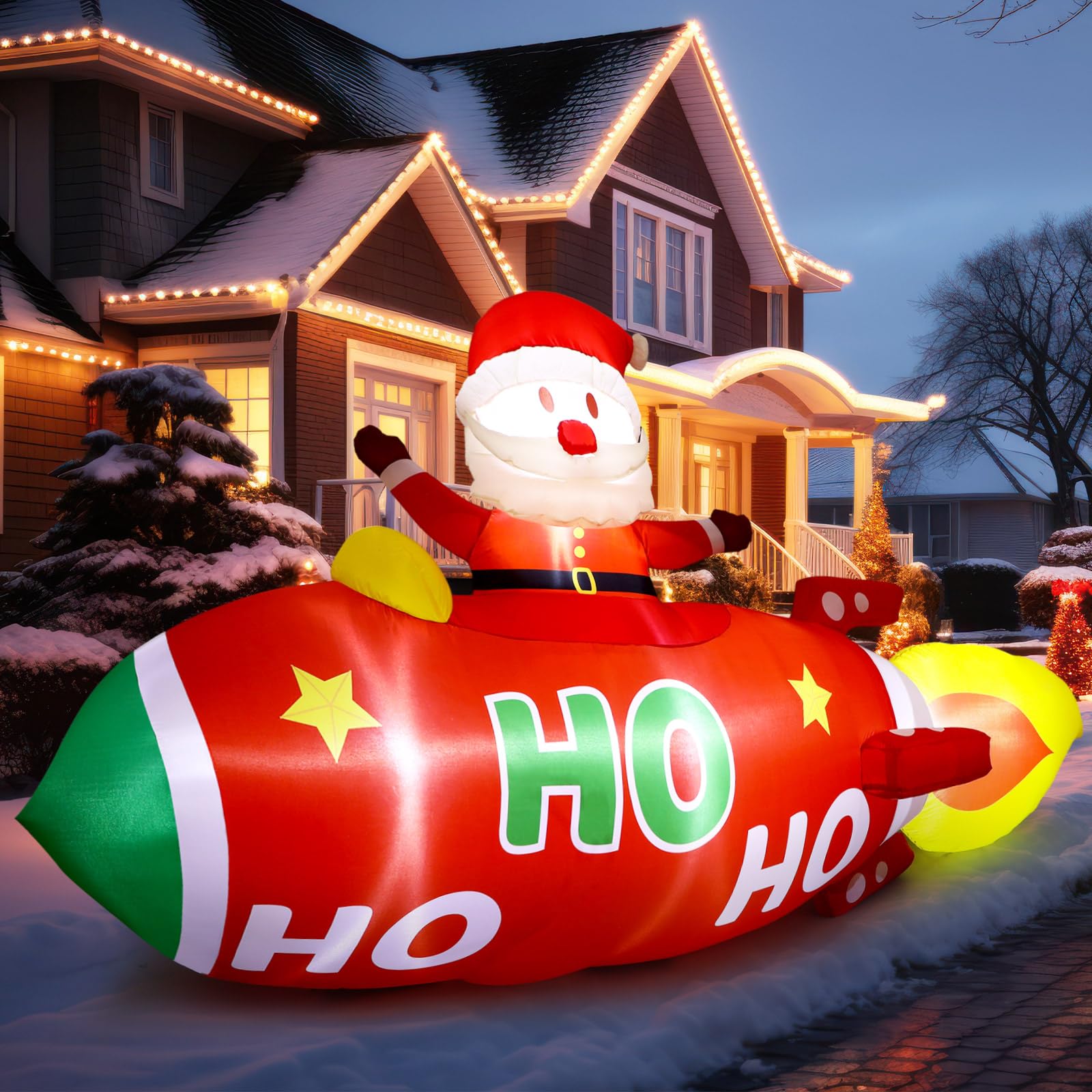 Leyndo 10 FT Christmas Inflatable Santa Claus on Rocket Outdoor Blow Up Decoration with LED Lights Animated Christmas Decoration