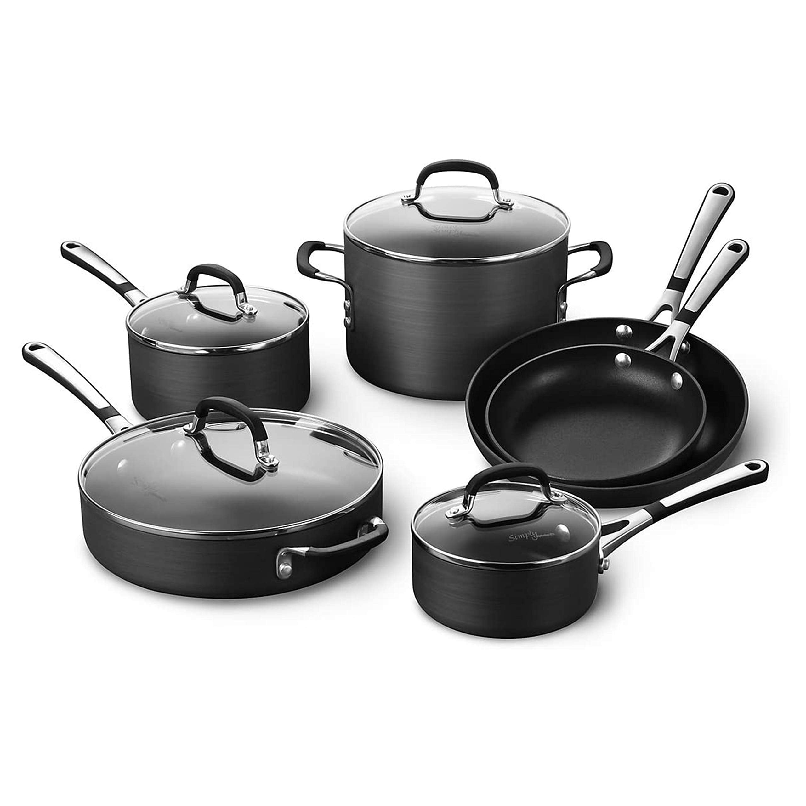 Calphalon 10-Piece Non-Stick Kitchen Cookware Set, Black Pots & Pans with Stay-Cool Stainless Steel Handles, Hard-Anodized Alumi