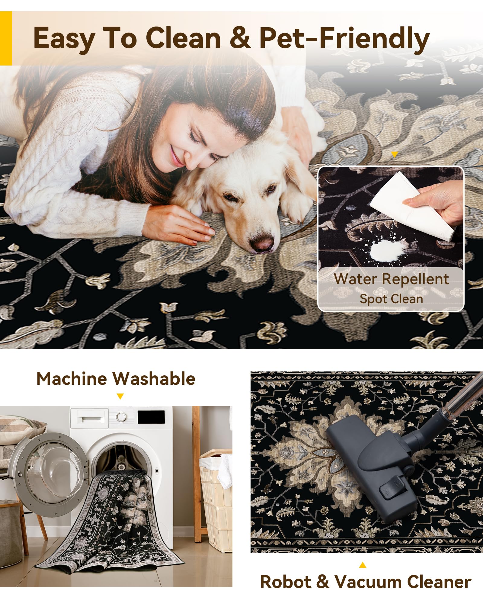 RELEANY Area Rugs 10x14 Washable Non-Slip, Floral Vintage Distress Print Pattern Medallion Carpet for Living Room Bedroom Dini