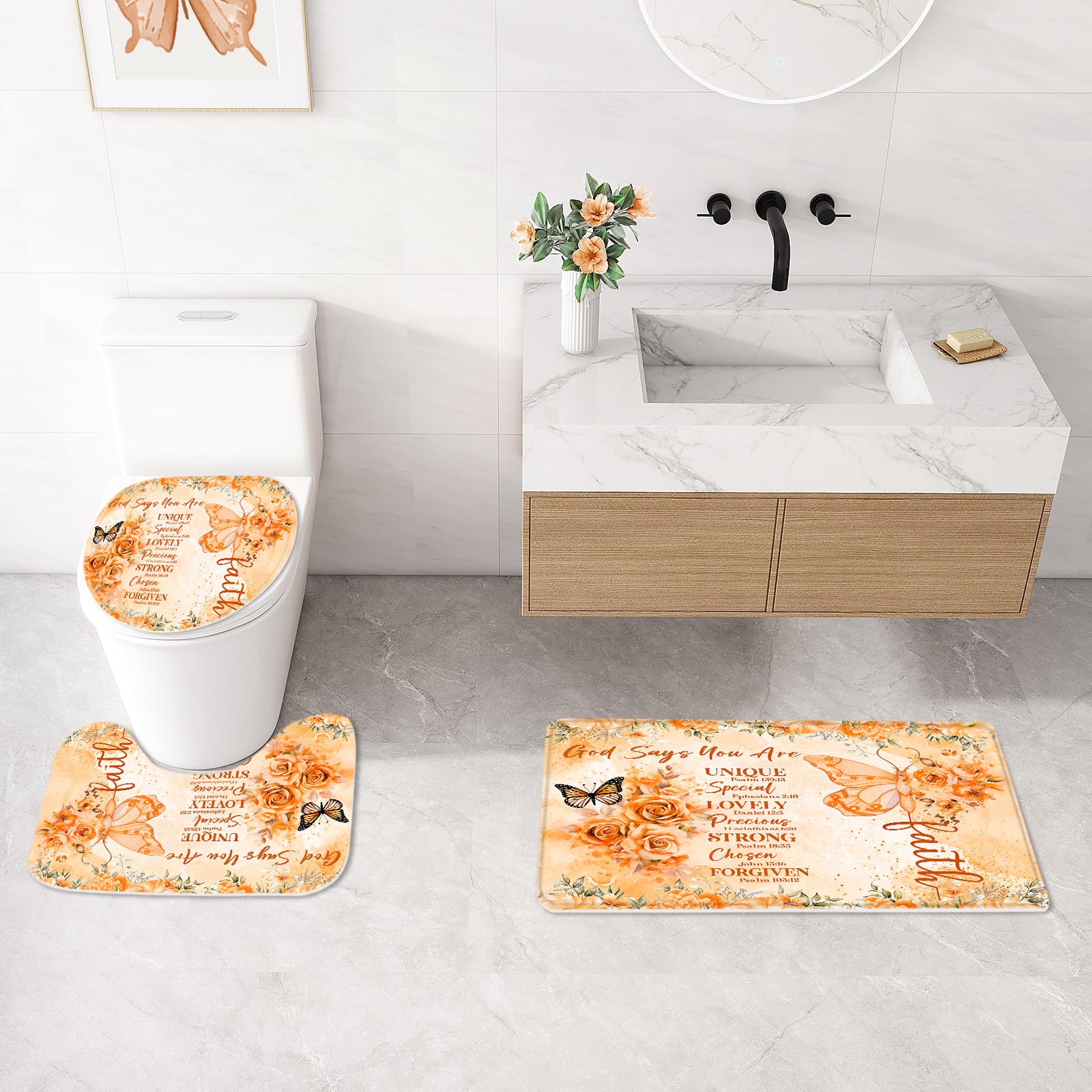 Litabel 4 Pcs Orange Butterfly Inspirational Quotes Shower Curtain Set With Rugs And Toilet Lid Cover, Colorful Boho Waterproof