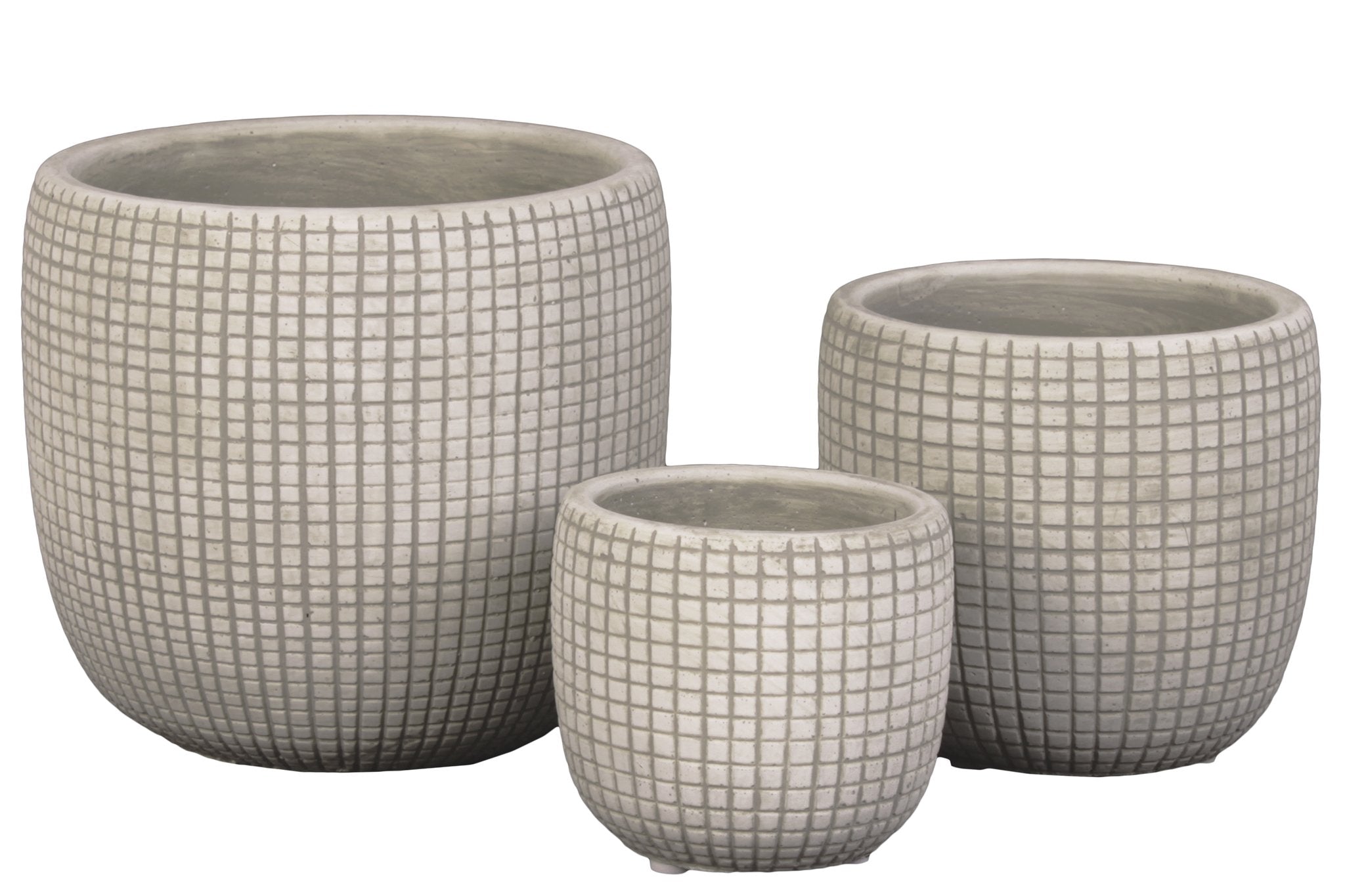 Cement Round Pot with Etched Square Lattice Design Body and Tapered Bottom Set of Three Washed Concrete Finish Cream