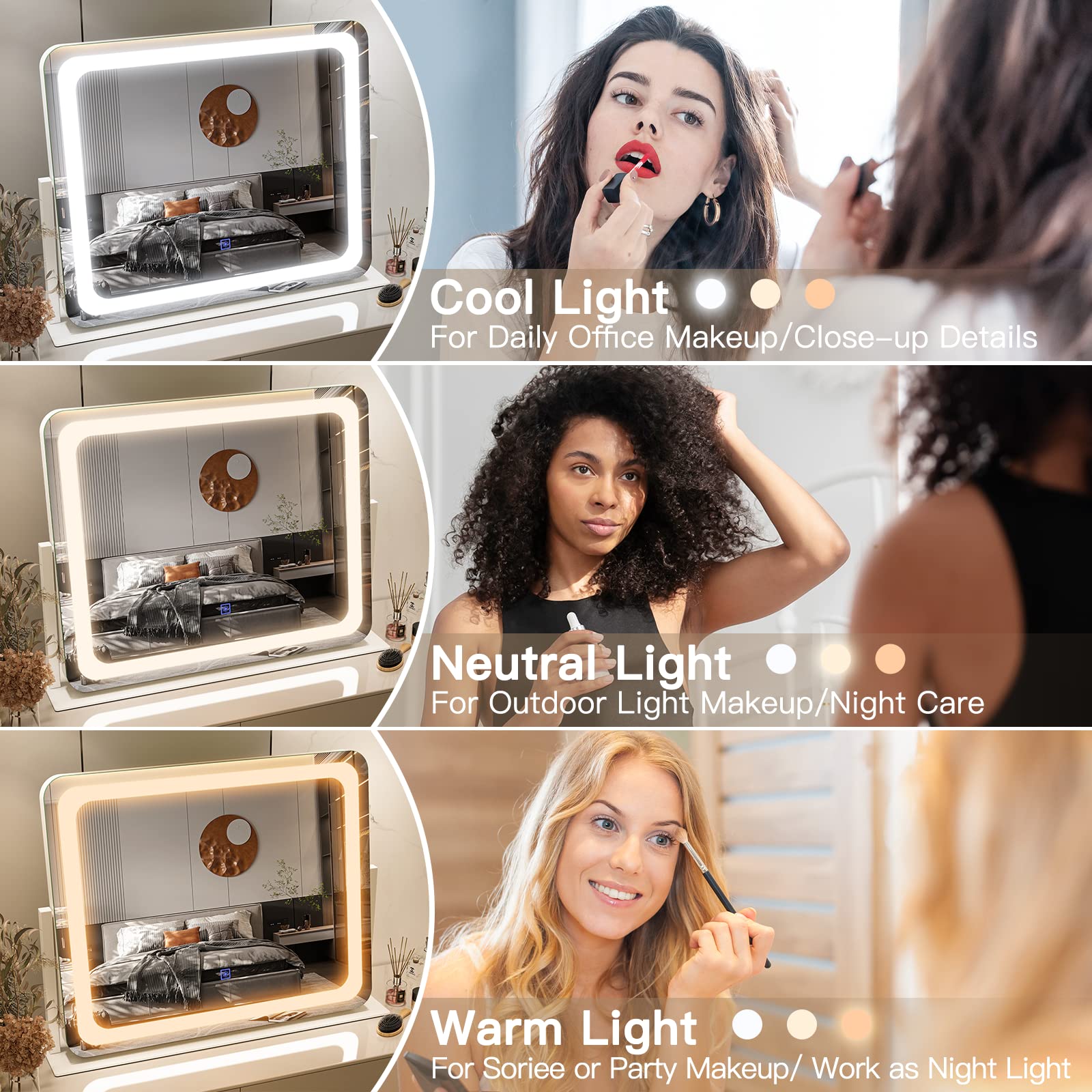 Fennio Vanity Mirror With Lights 22''X19'' Makeup Mirror With Lights,Vanity Mirror Touch Screen With 3-Color Lighting,Dimmable,F